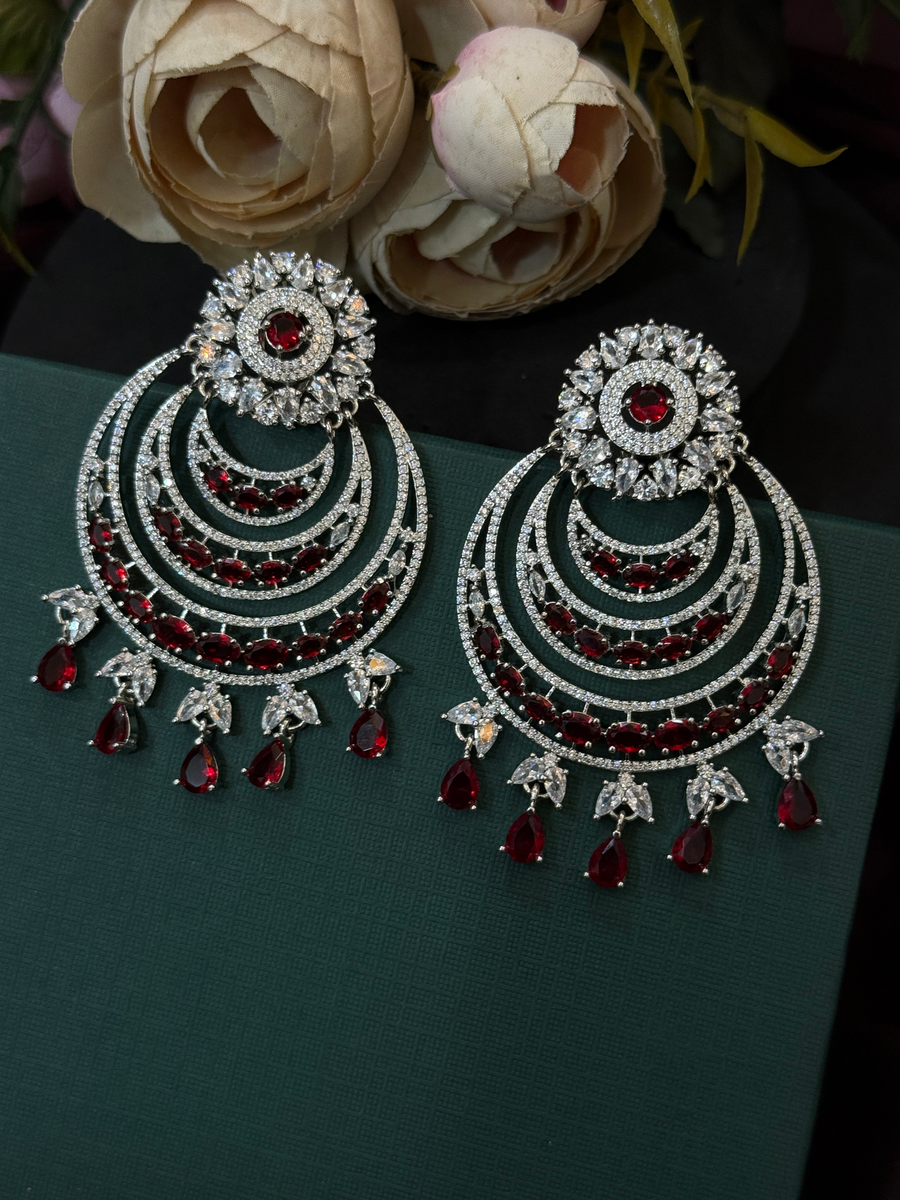 Grand Red & White CZ Stone Chandbali Earrings