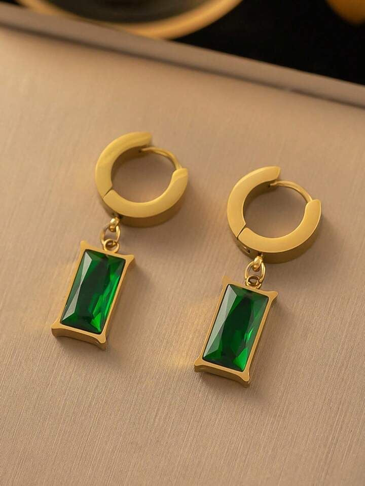 Green Stone Gold-Plated Stainless Steel Pendant Set