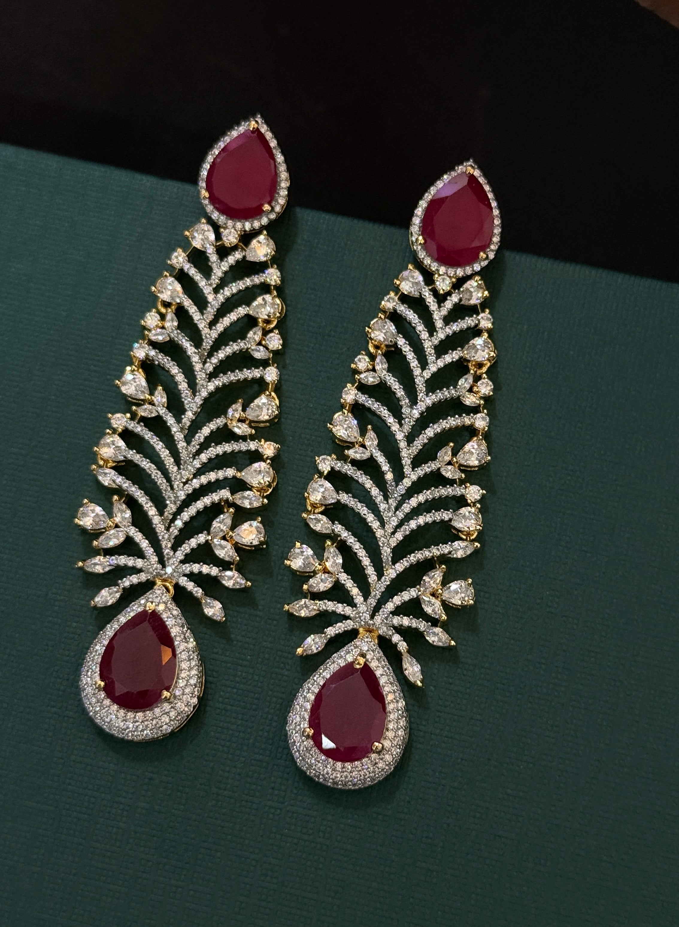 Ruby Red Teardrop Leaf Design American Diamond