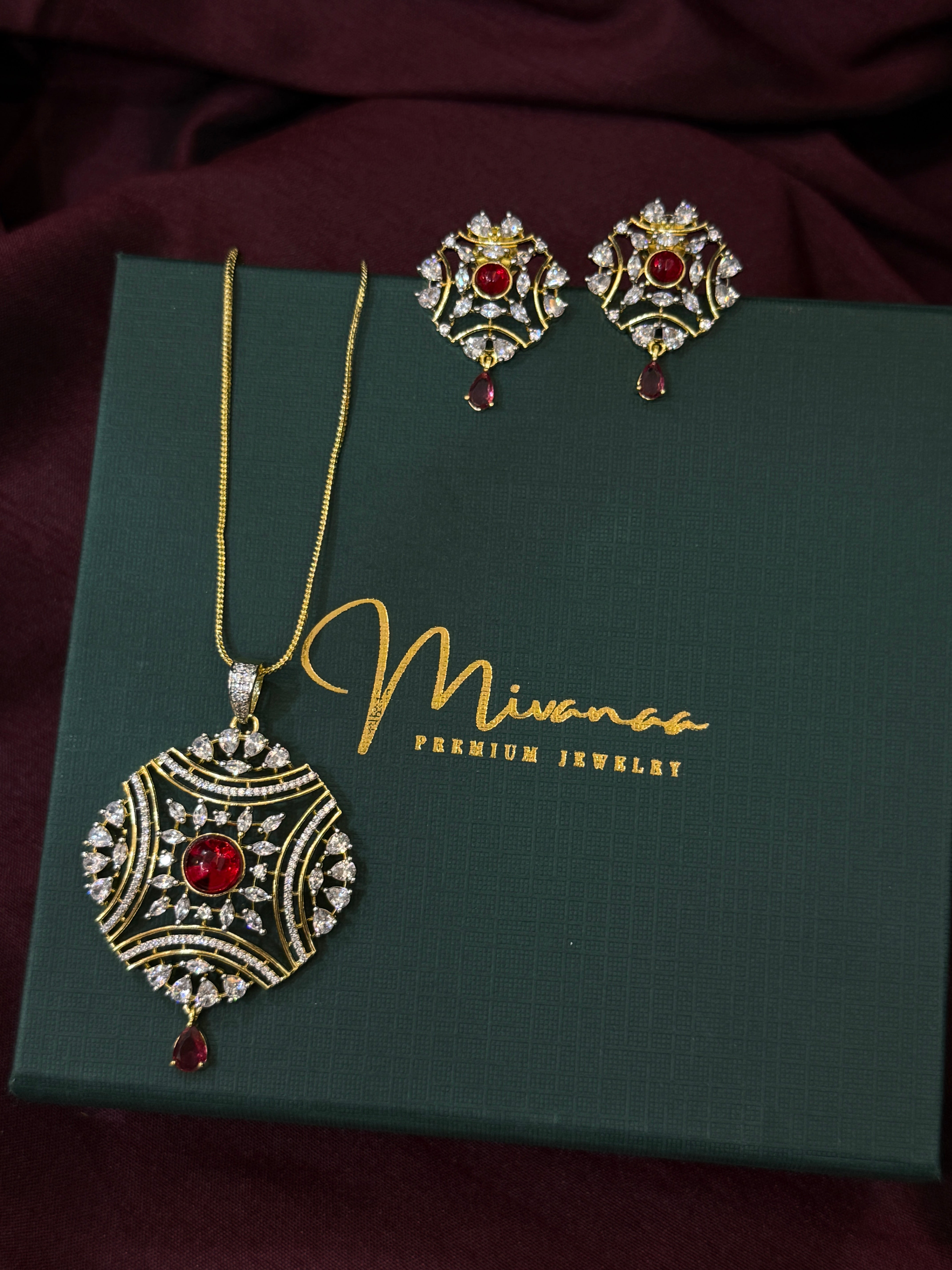 Royal Red American Diamond Pendant Set with Earrings