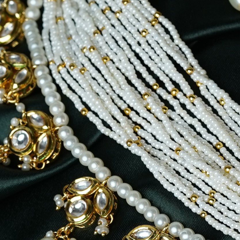 Gold Plated Kundan Polki & Pearl Long Necklace Set - Mivanaa