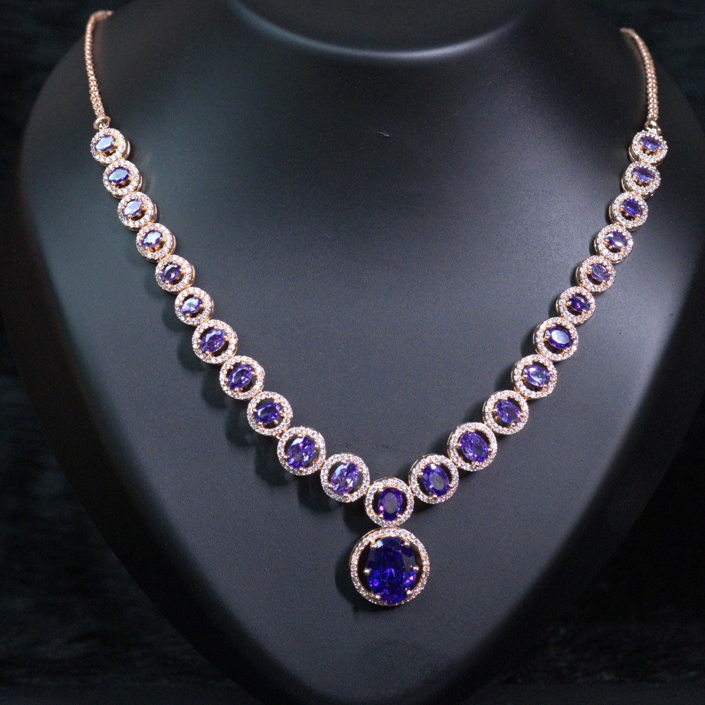 Purple Rose gold American diamond necklace set - Mivanaa