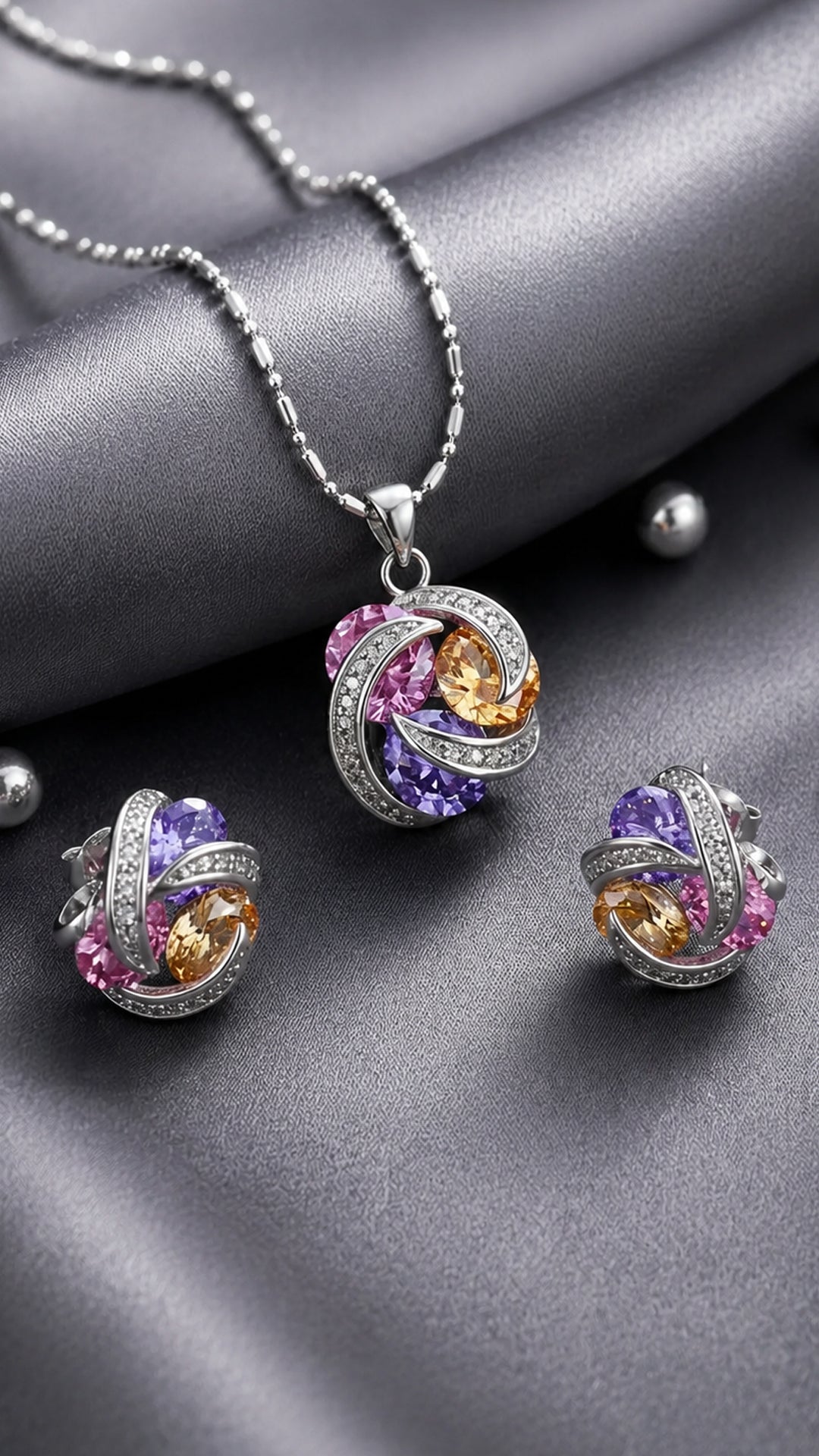 Elegant Multicolor Crystal 2 piece pendant set + Free Ring