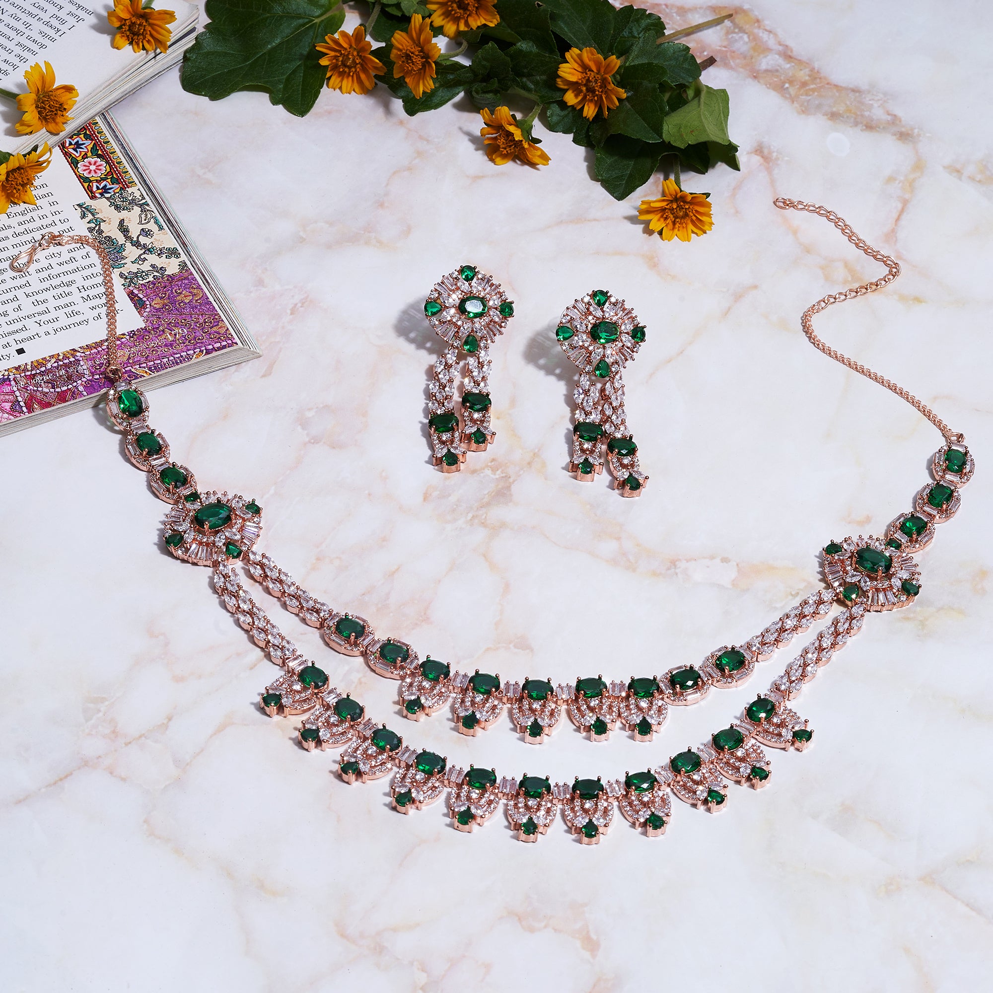 Rose Gold  Green Jewelry Set-Mivanaa