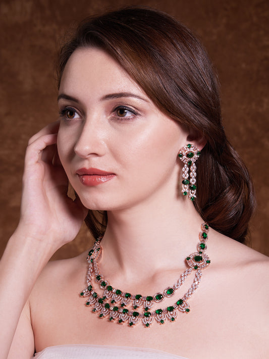 Green Multi layer Rose Gold CZ Stone Partywear Set with Earring - Mivanaa