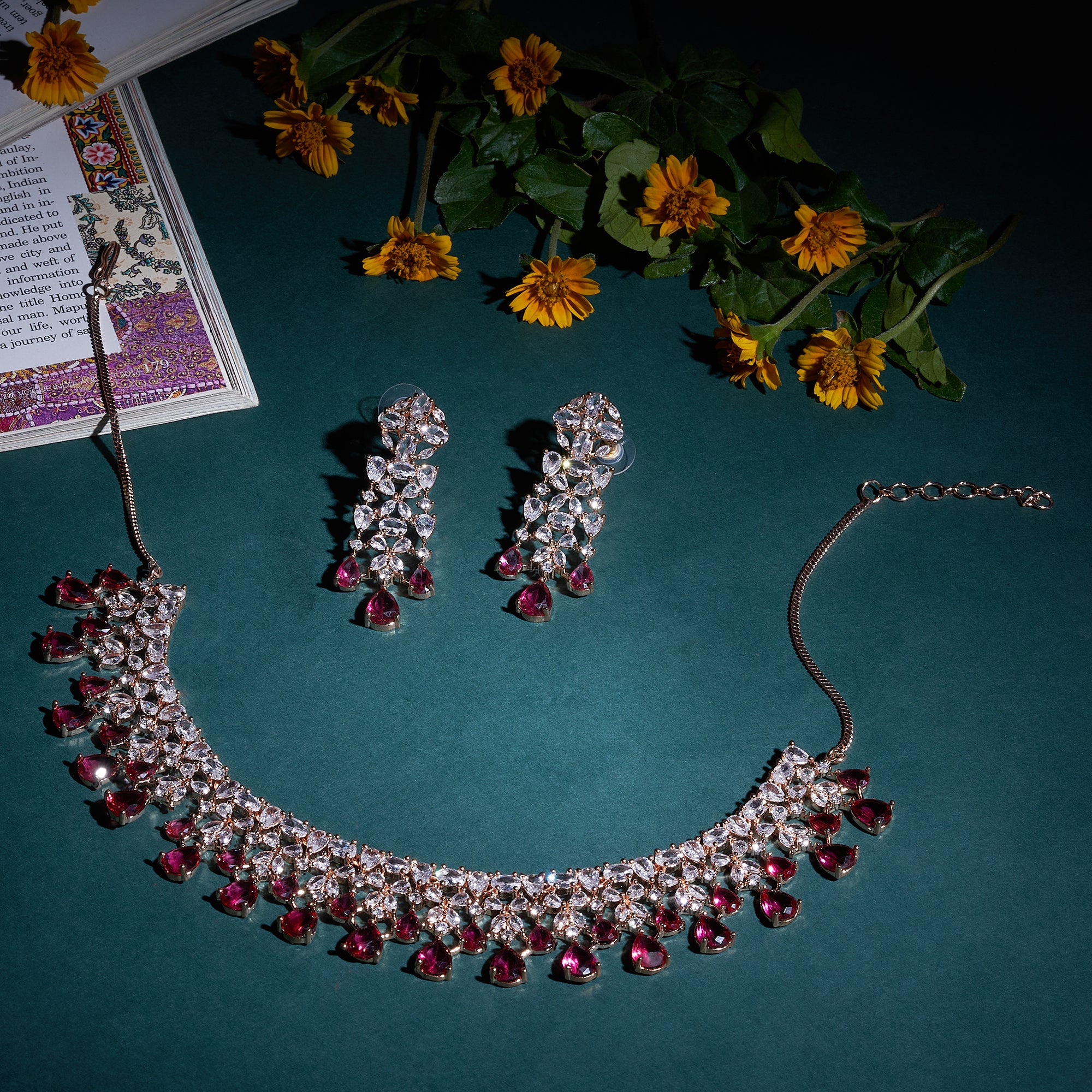 Rose Gold Zircon CZ Stone - Ruby Elegance necklace set-Mivanaa
