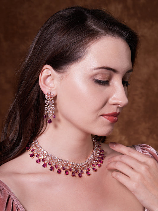 Rose Gold Zircon CZ Stone - Ruby Elegance necklace set - Mivanaa