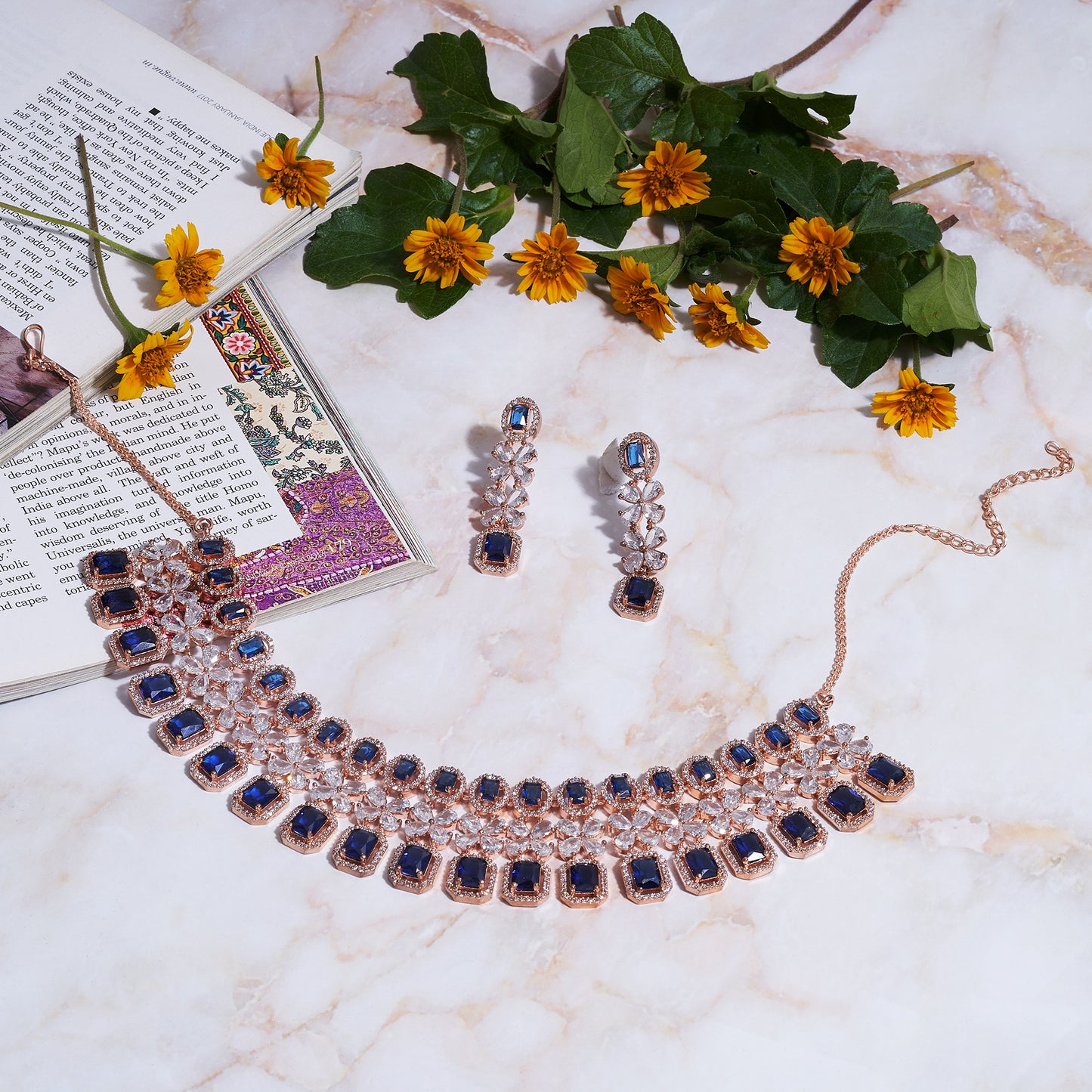 Rose Gold- Blue AD Zircon Wedding & Partywear Necklace Set - Mivanaa