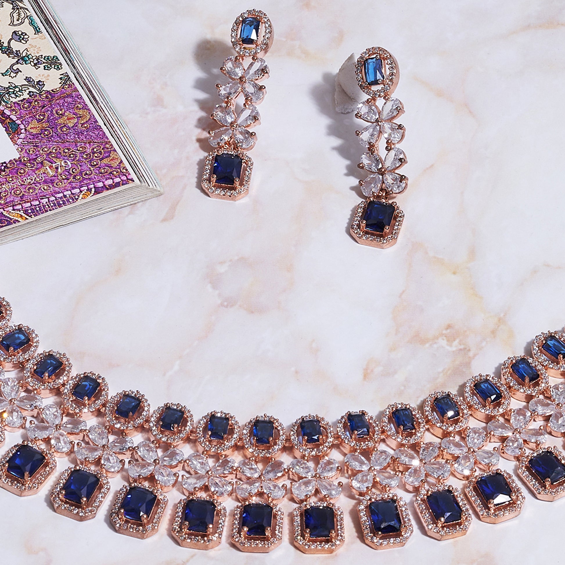 Rose Gold- Blue AD Zircon Wedding & Partywear Necklace Set - Mivanaa