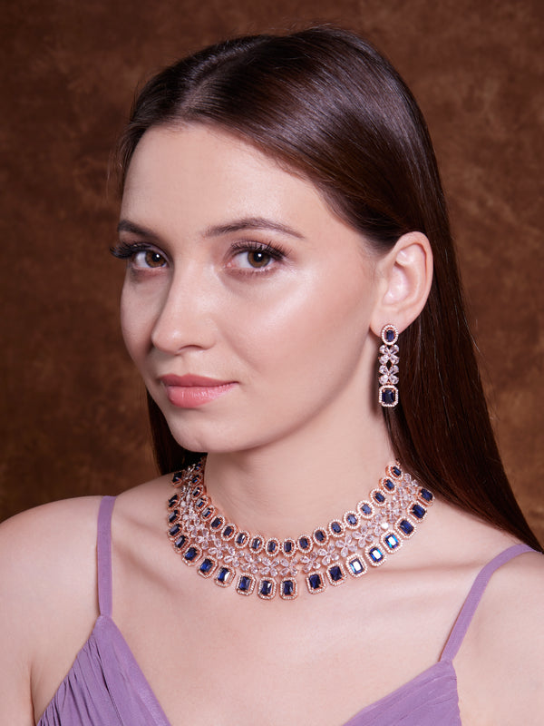 Rose Gold- Blue AD Zircon Wedding & Partywear Necklace Set - Mivanaa