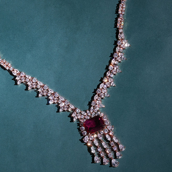 Rose Gold Zircon Stone- Ruby Red Victoria Necklace Set - Mivanaa
