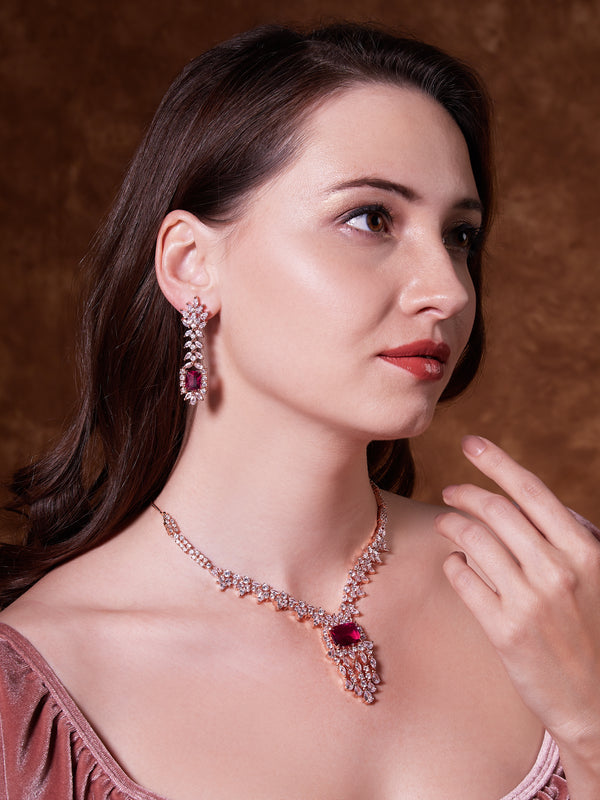 Rose Gold Zircon Stone- Ruby Red Victoria Necklace Set - Mivanaa