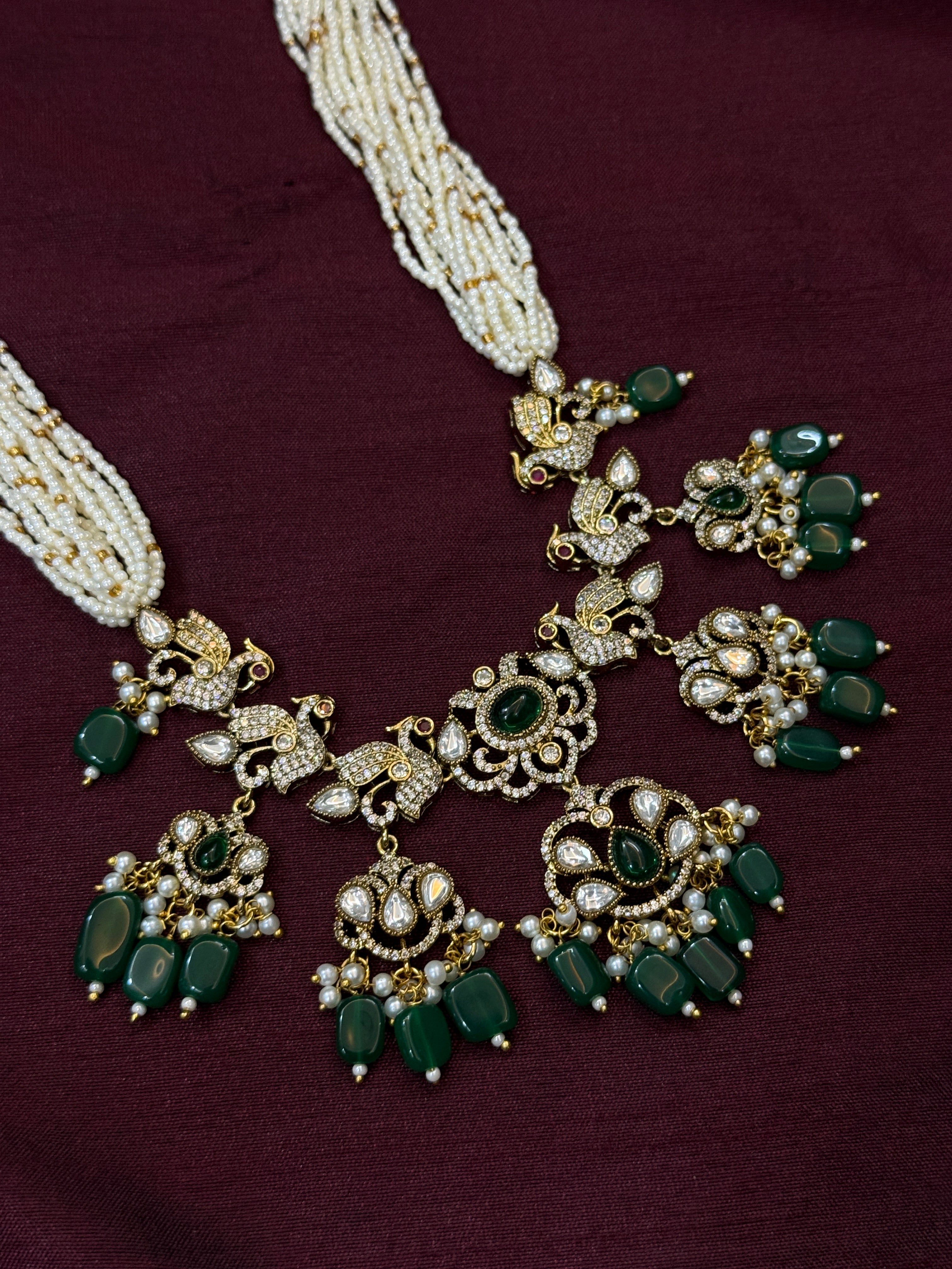 Victorian Kundan Pearl & Green Bead Necklace Set