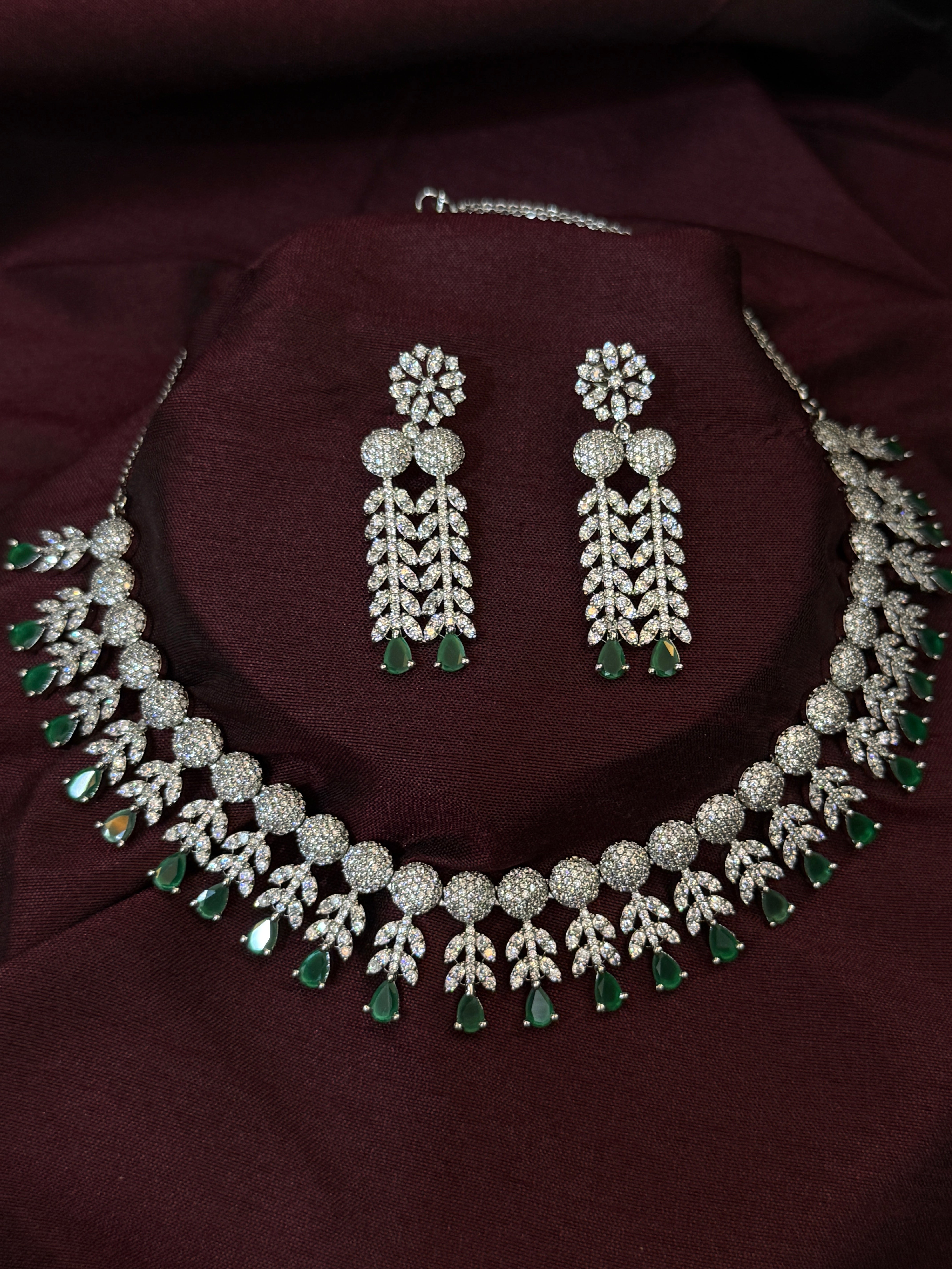 Emerald Drop Luxury American Diamond Necklace Set