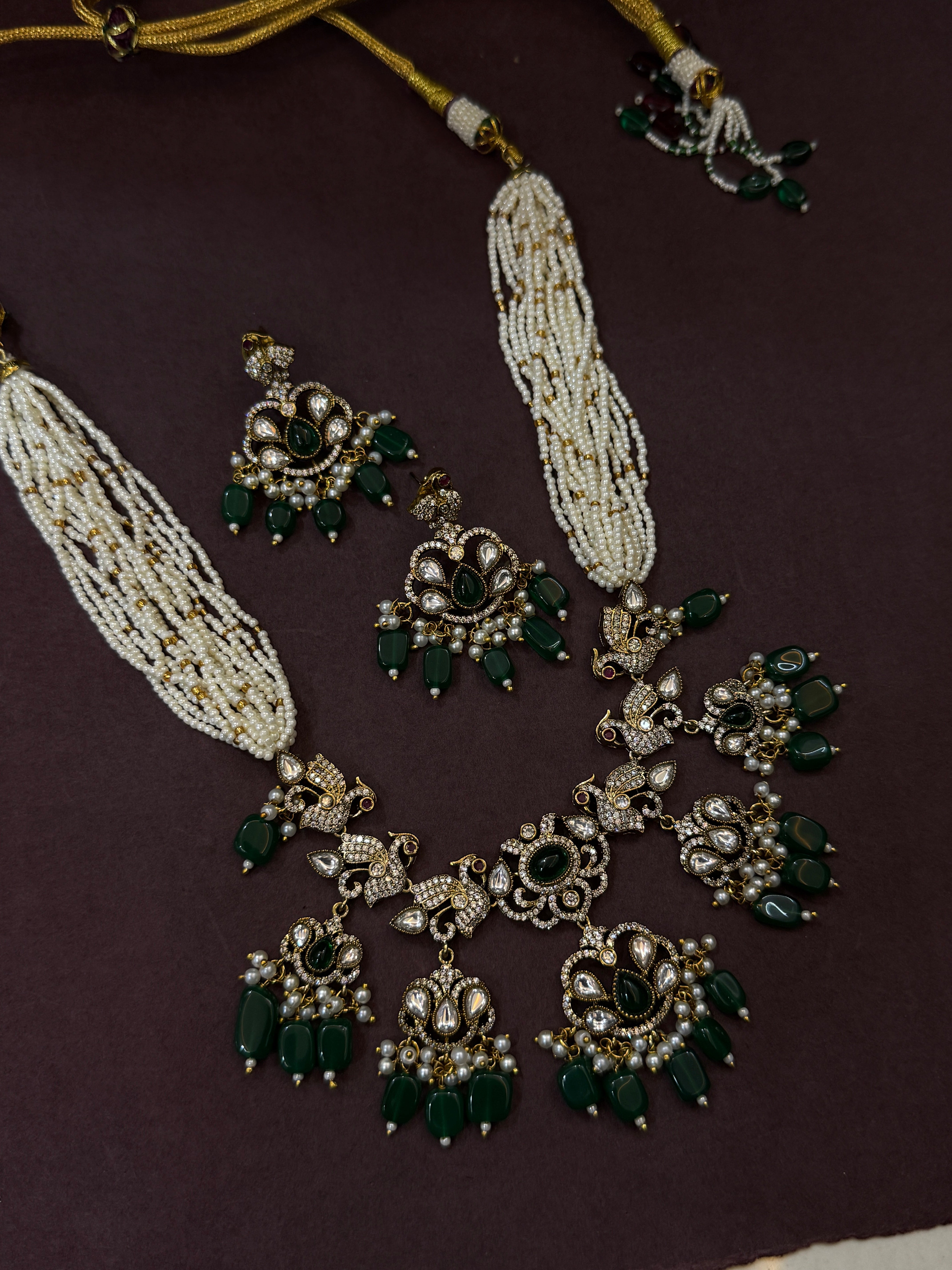 Victorian Kundan Pearl & Green Bead Necklace Set