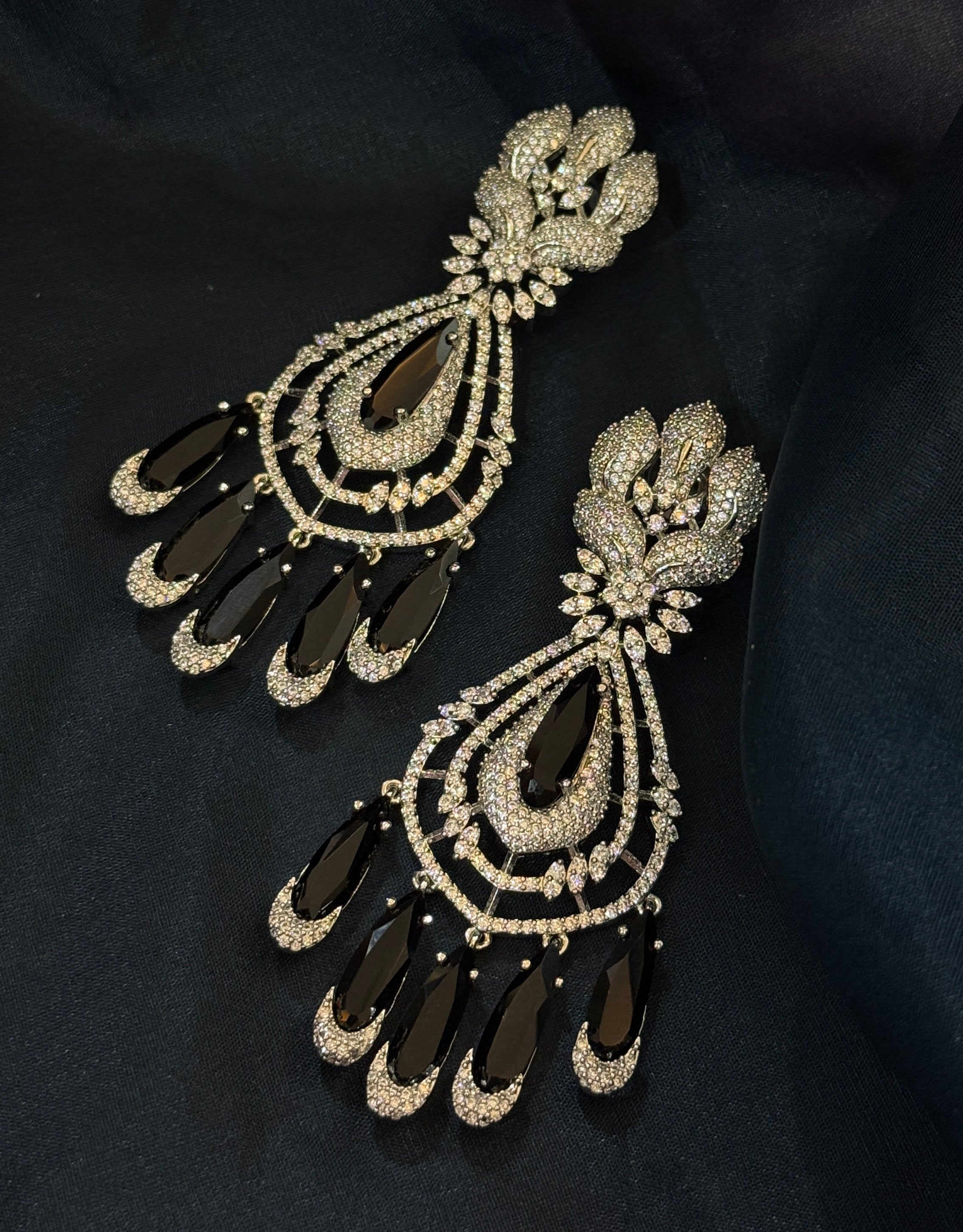 Midnight Bloom American Diamond Drop Earrings