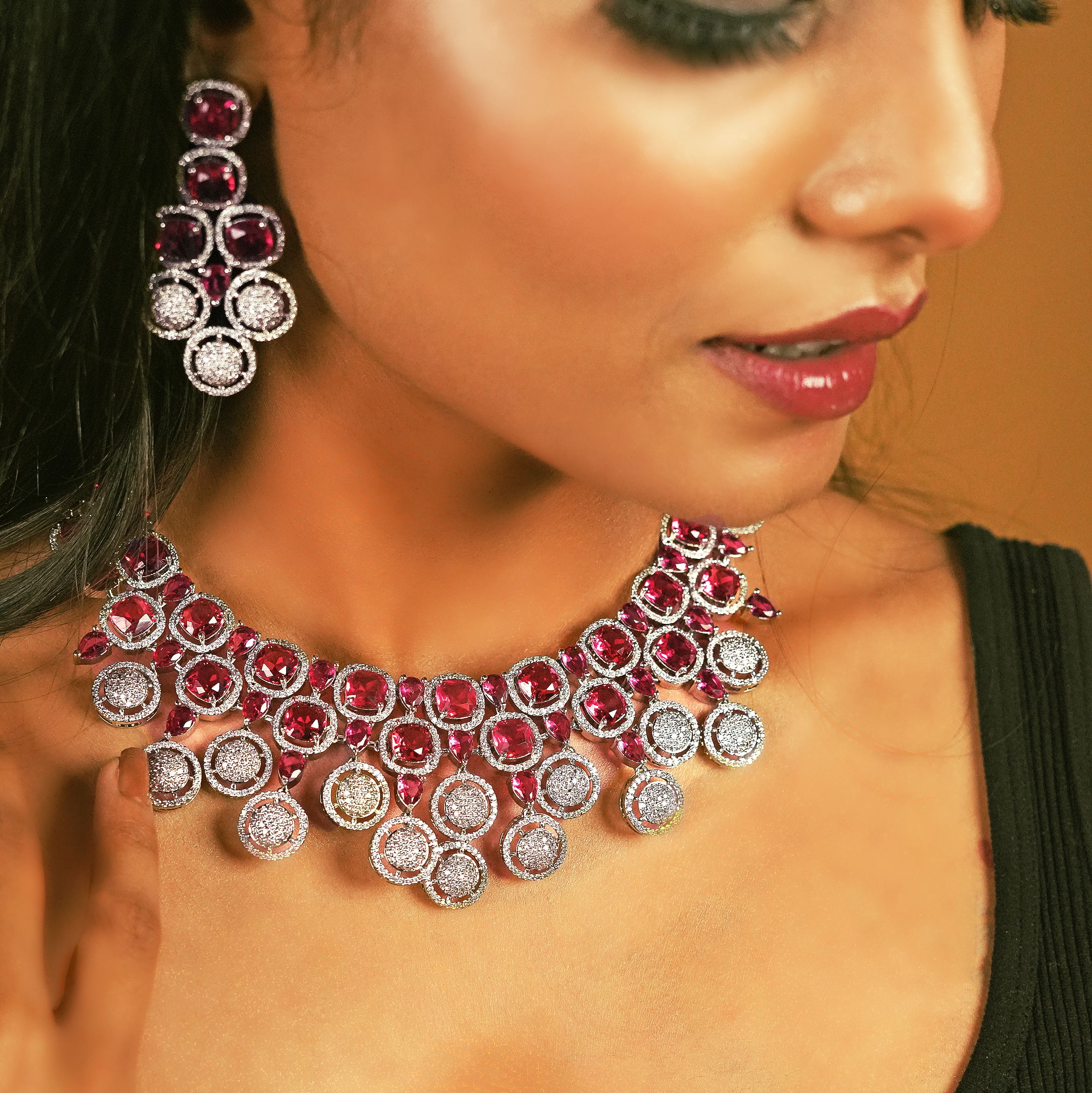 Red Wine American Diamond Necklace Set
