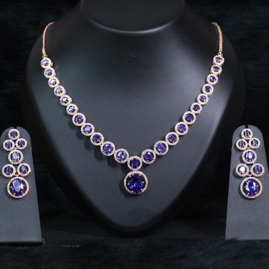 Purple Rose gold American diamond necklace set - Mivanaa