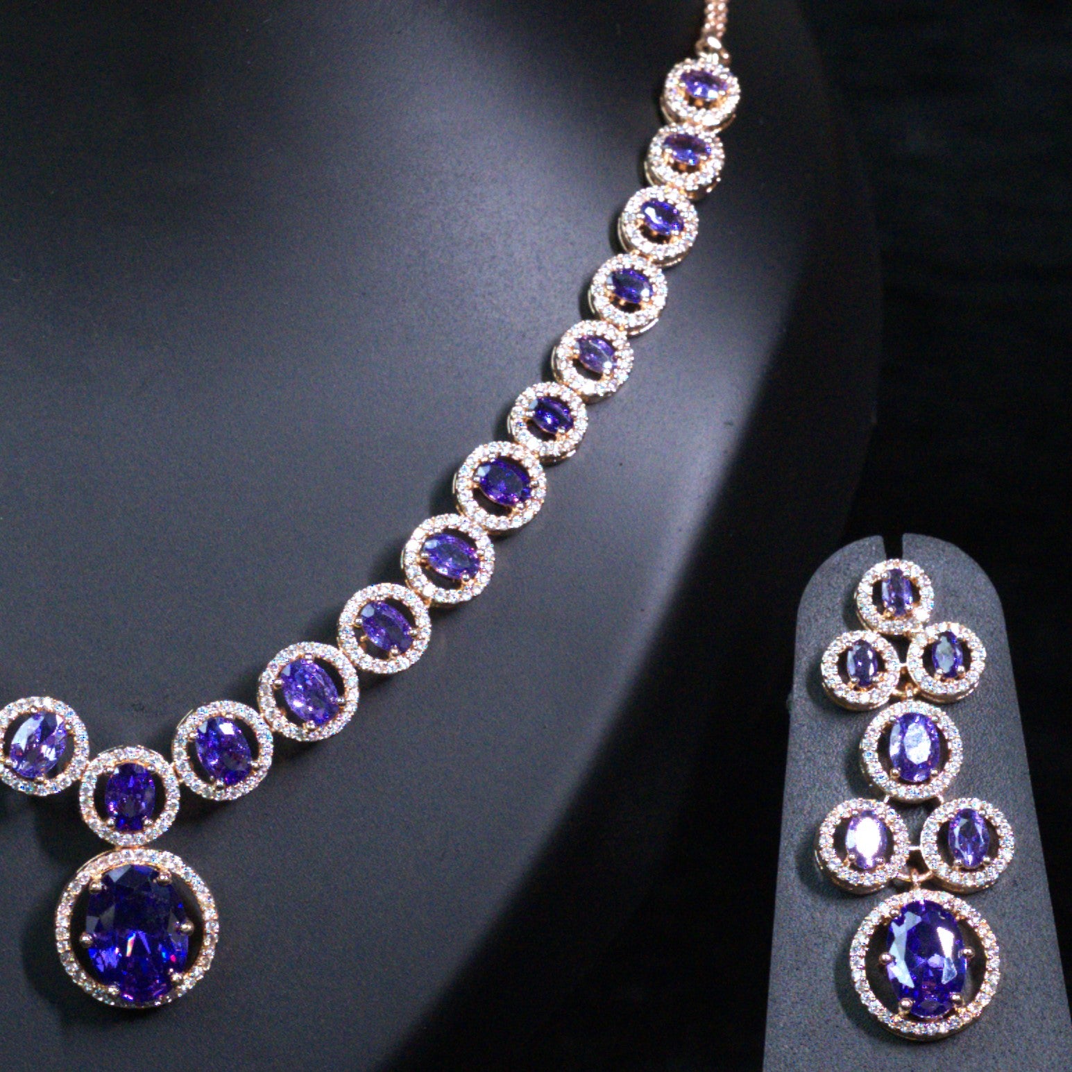 Purple Rose gold American diamond necklace set - Mivanaa