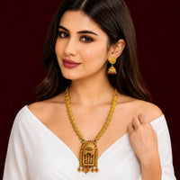 Temple Lakshmi Gold Long Haram Necklace with Antique Pendant