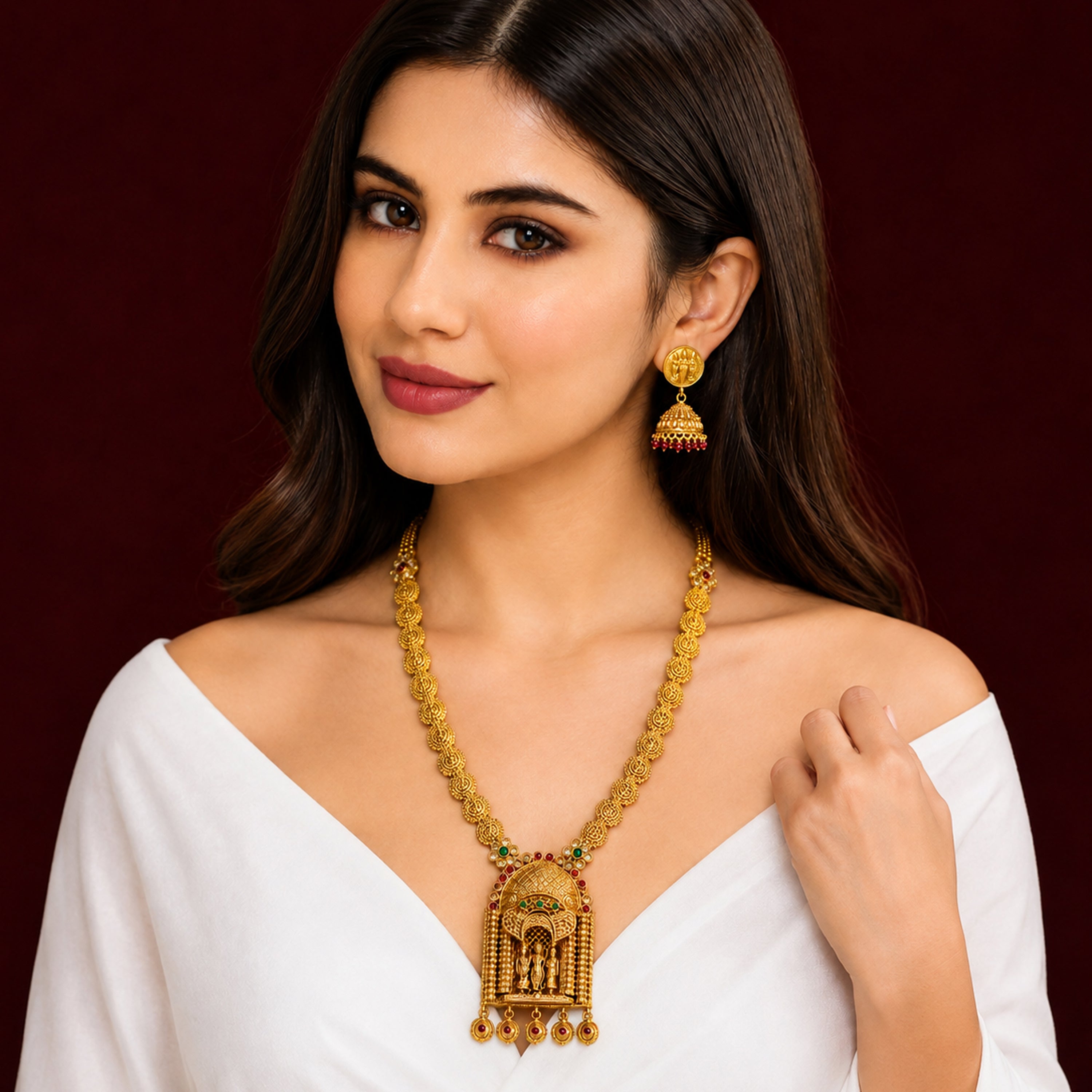 Temple Lakshmi Gold Long Haram Necklace with Antique Pendant