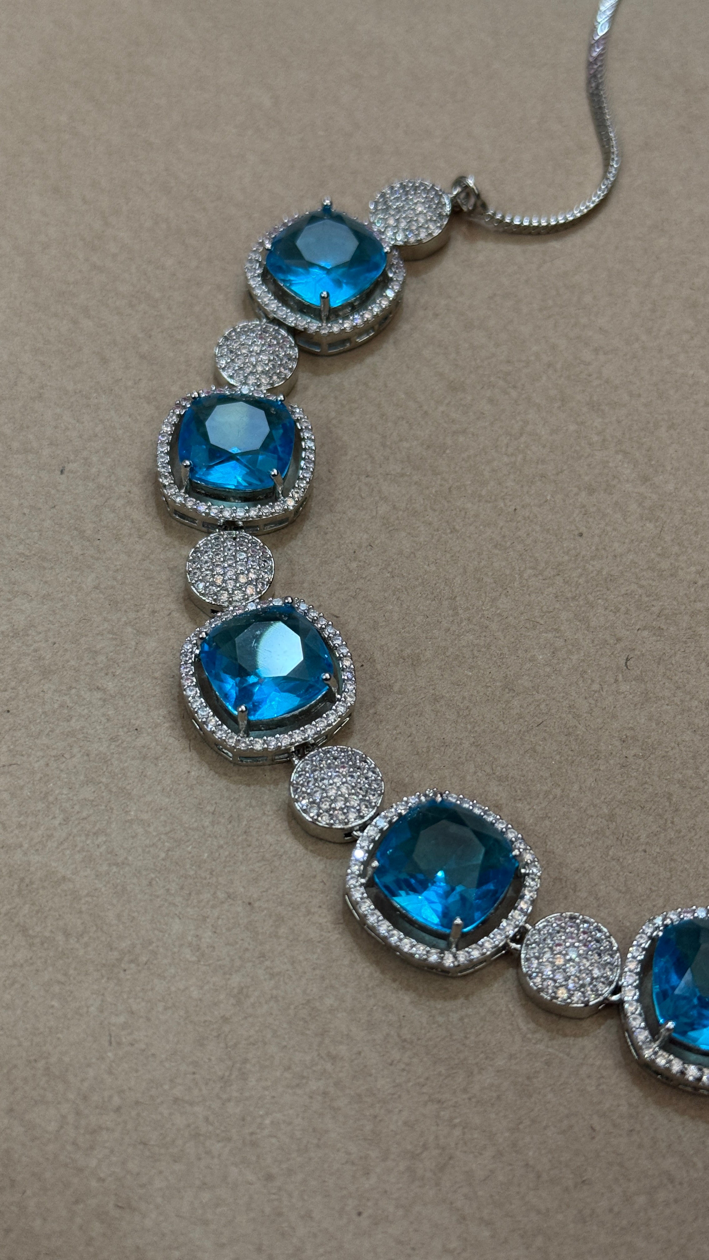 Blue Cushion Cut American Diamond Necklace Set