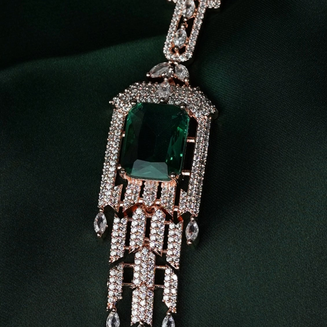 Mivanaa Emerald and American Diamond Long Design Necklace Set - Mivanaa