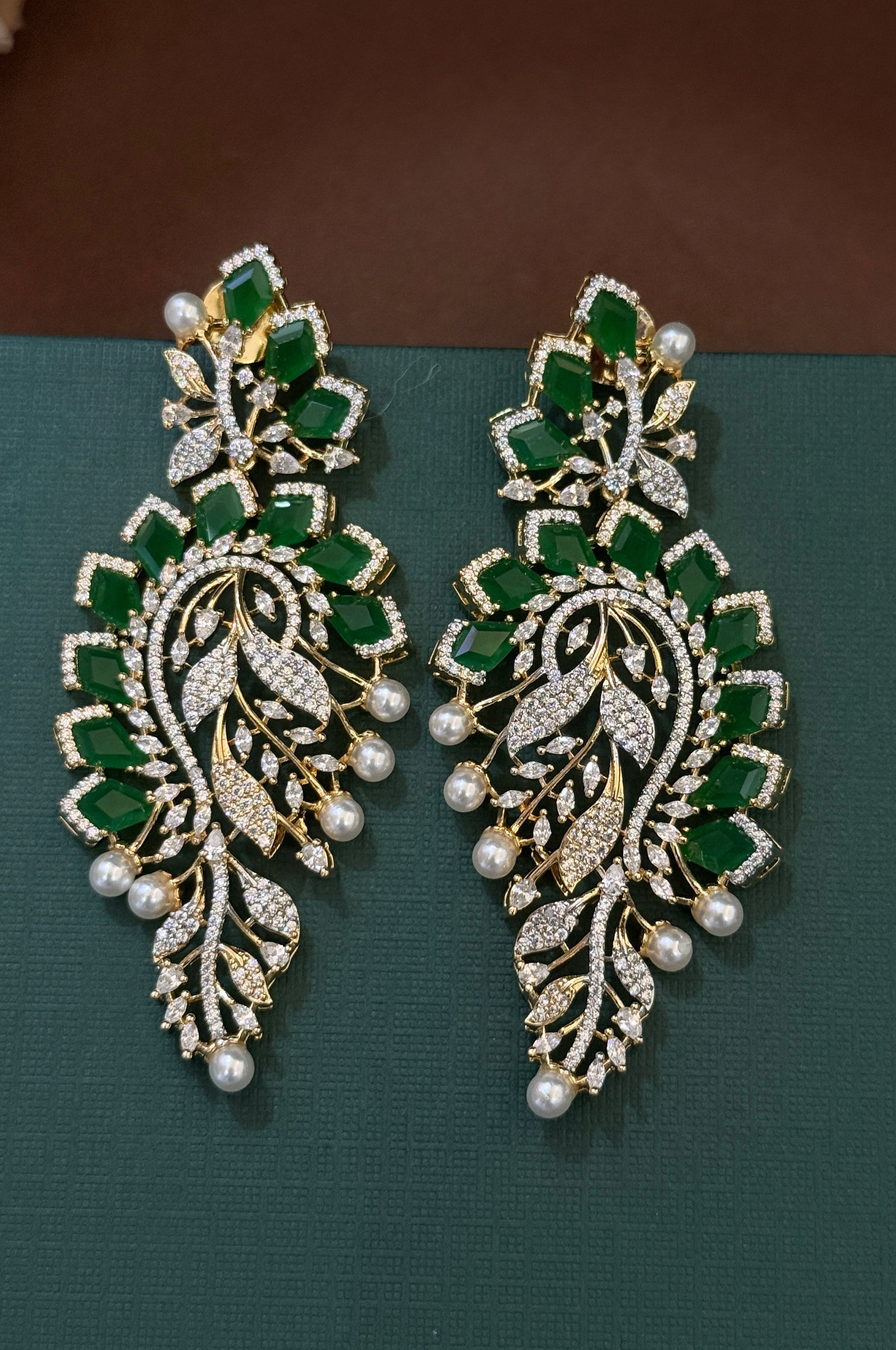 Emerald Green Leaf  American Diamond Earrings