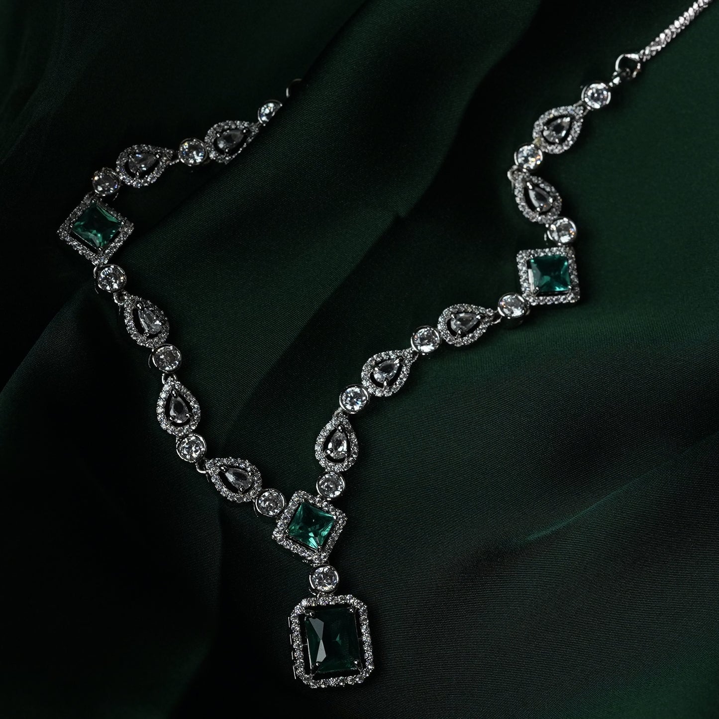 Mivanaa Emerald American Diamond Necklece Set - Mivanaa