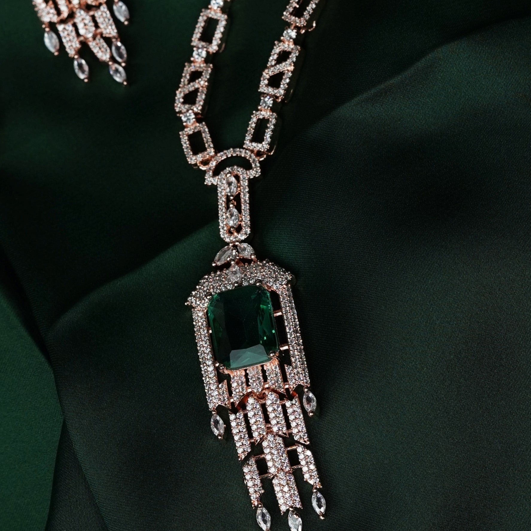 Mivanaa Emerald and American Diamond Long Design Necklace Set - Mivanaa