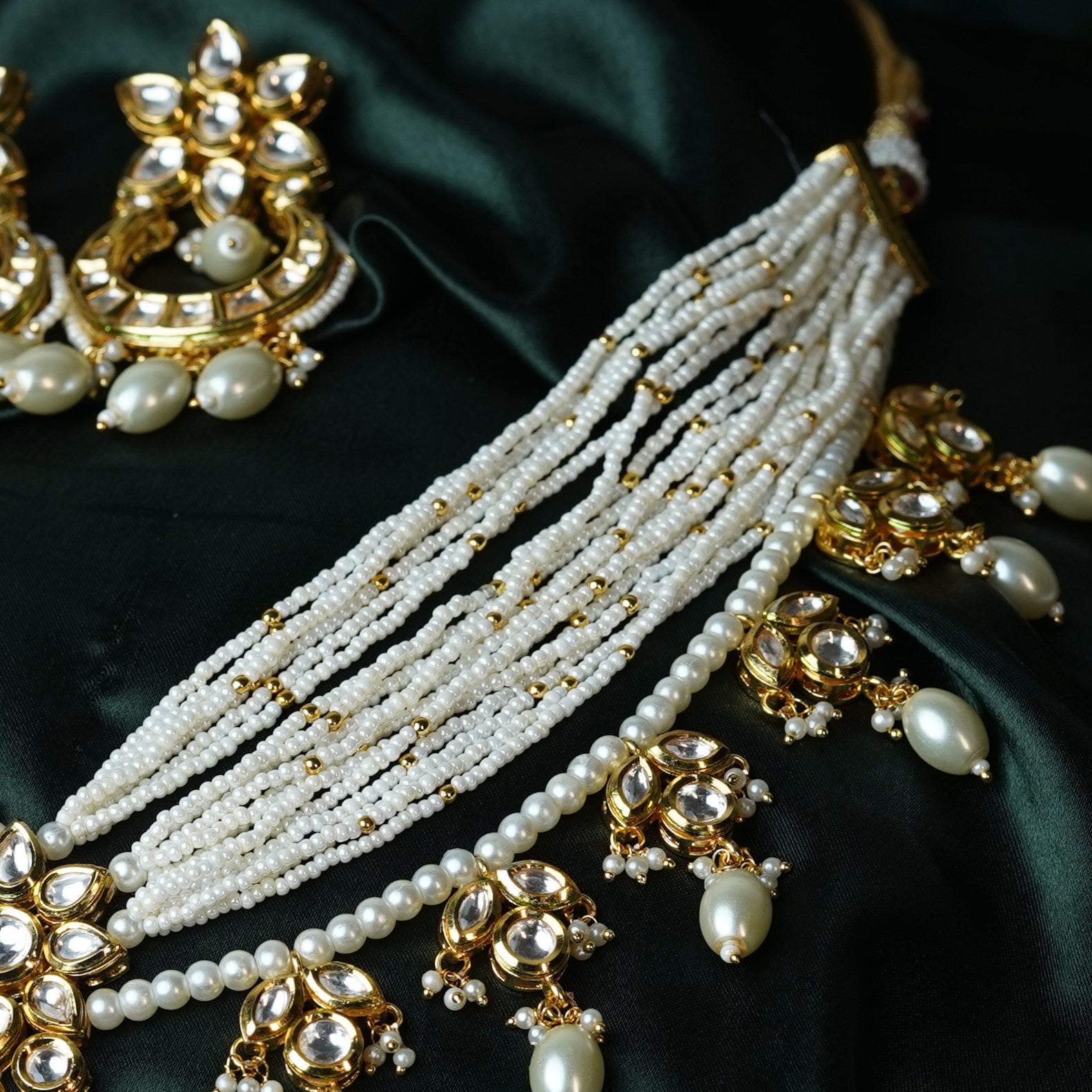 Gold Plated Kundan Polki & Pearl Long Necklace Set - Mivanaa