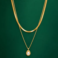 18K Gold Fashion Women's Stainless Steel Necklace Double-layered Layered Pearl Pendant