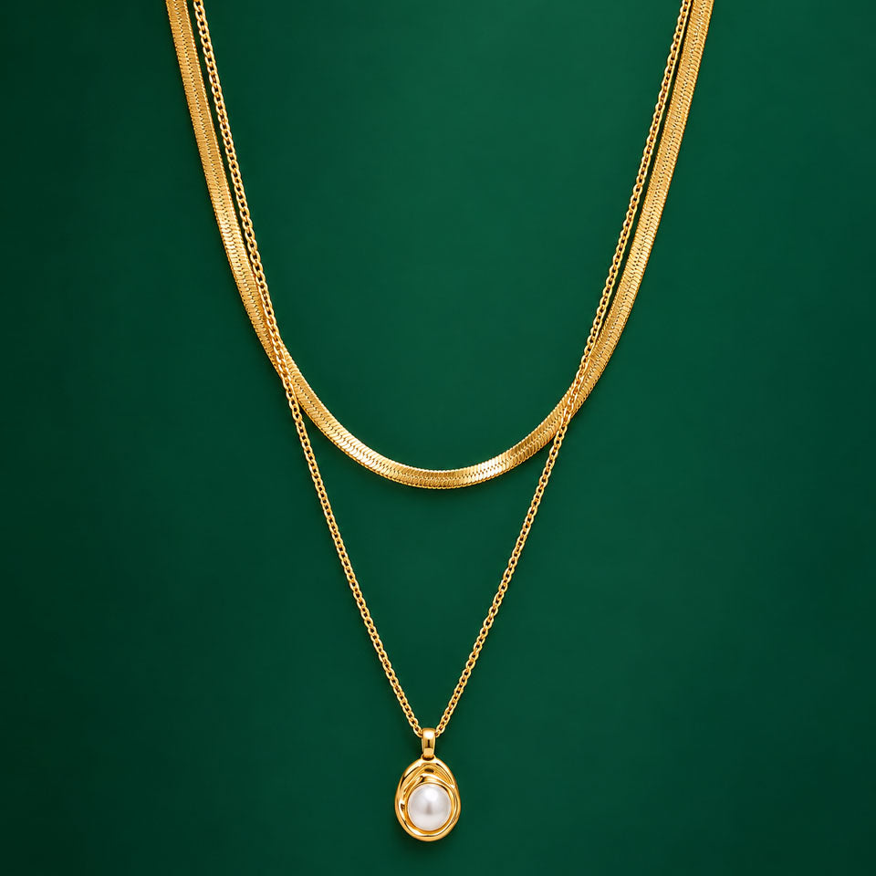 18K Gold Fashion Women's Stainless Steel Necklace Double-layered Layered Pearl Pendant
