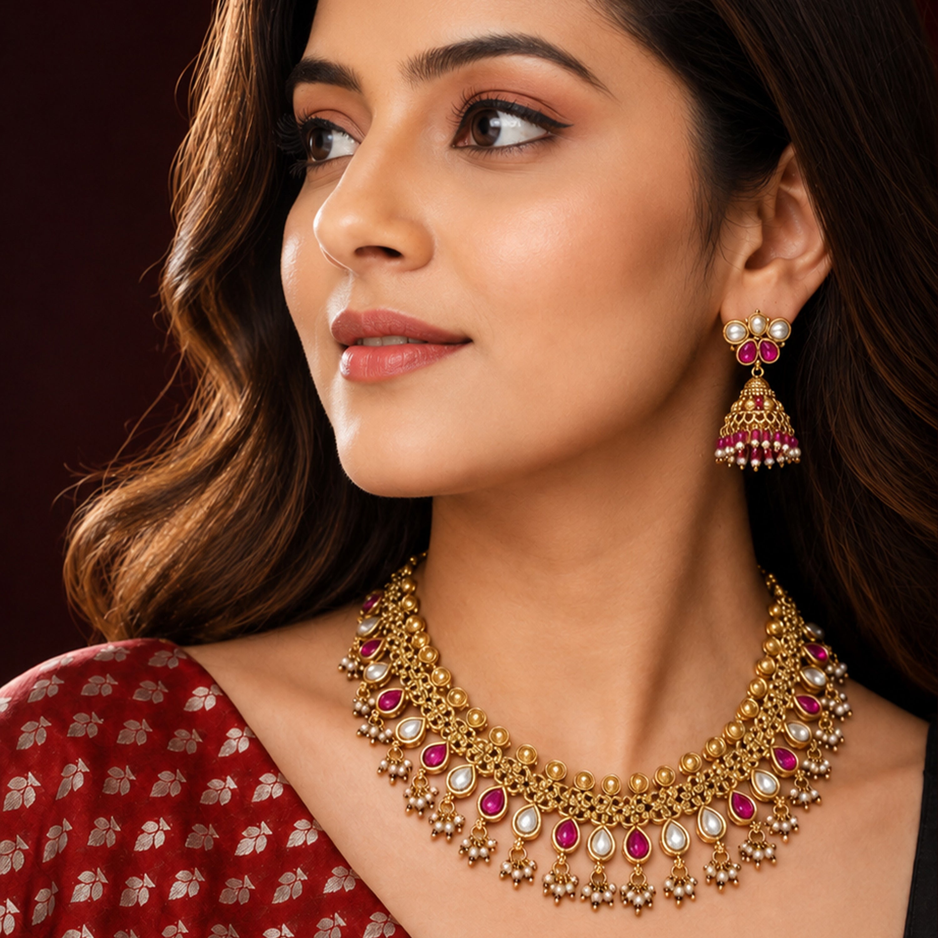 Ruby Kundan Gold-Polish Necklace Set