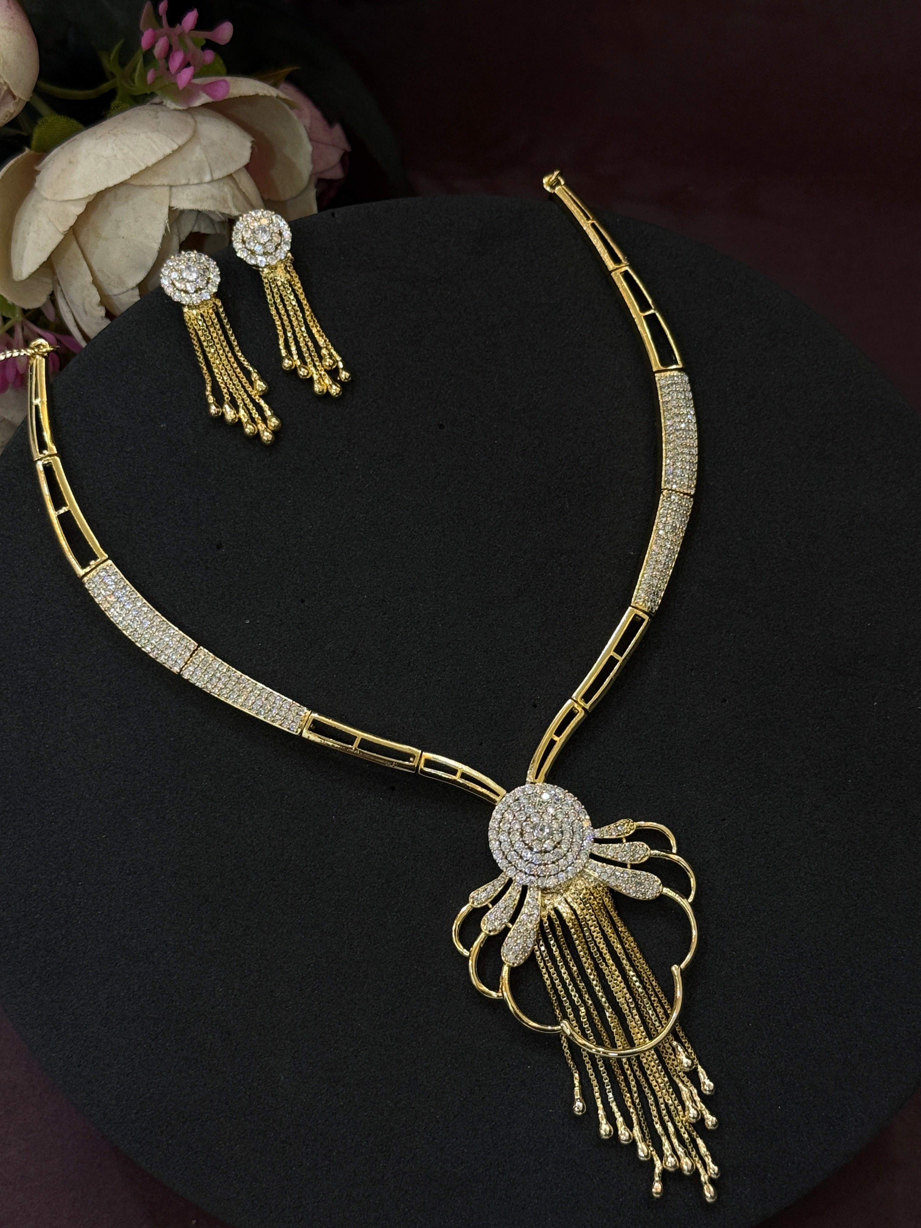 Golden Cascade CZ Necklace Set