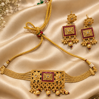 Gold Polish Floral Necklace Set with Red Accents and Matching Earrings