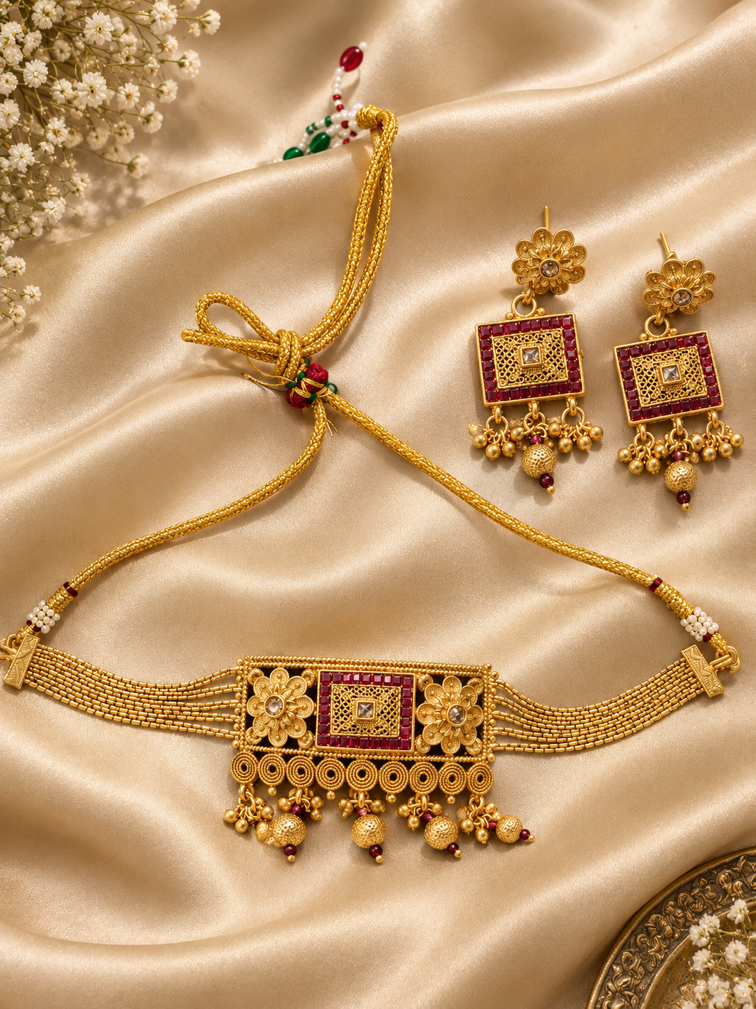 Gold Polish Floral Necklace Set with Red Accents and Matching Earrings