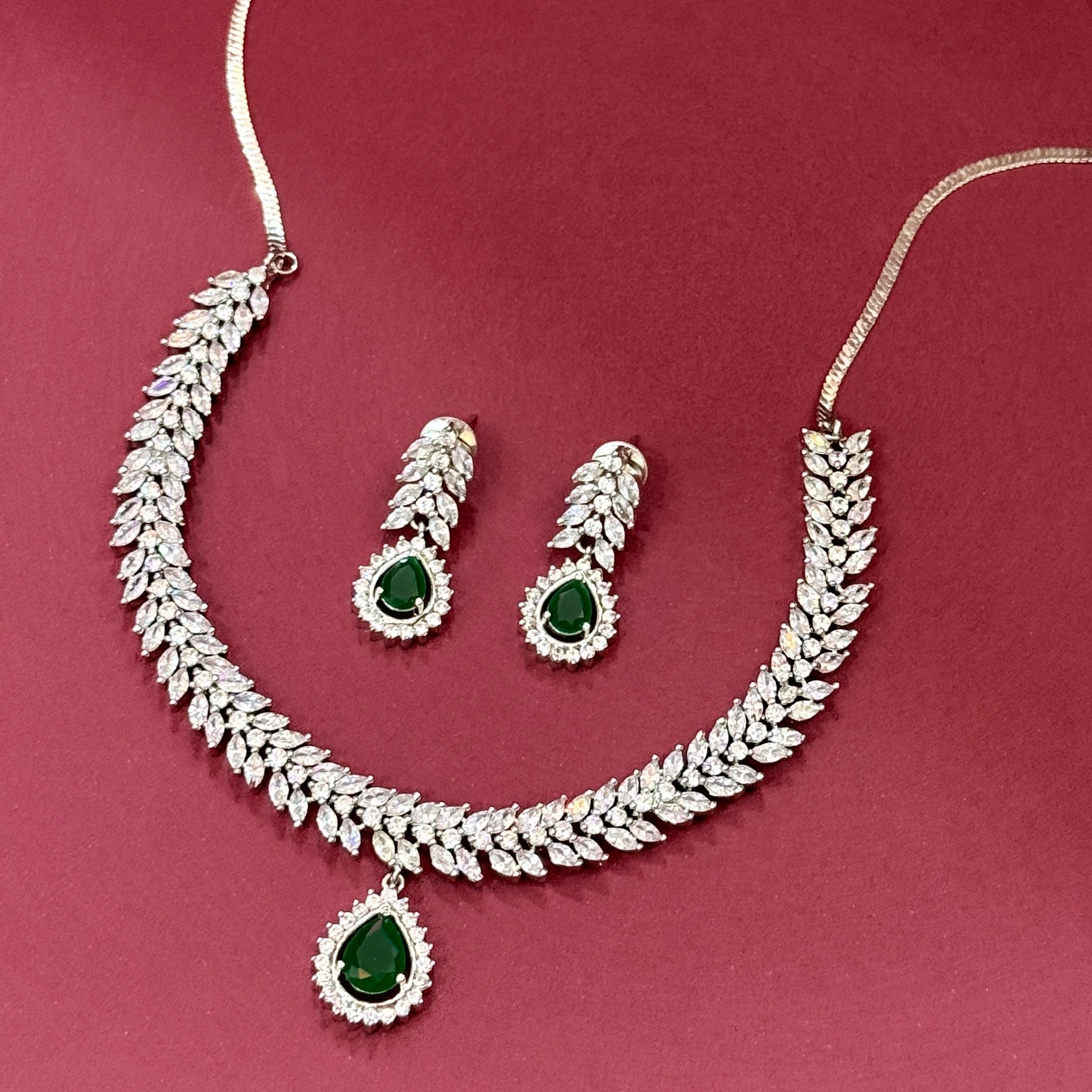 Emerald Teardrop AD Stone Necklace Set with Leaf Design