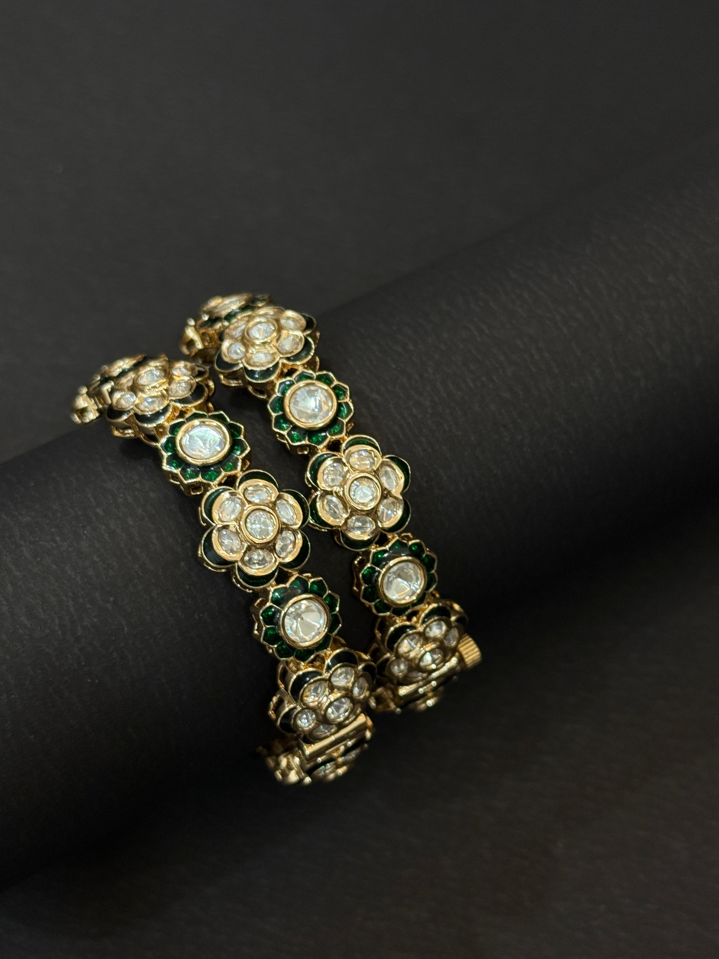 Floral Kundan Green Enamel Bangles