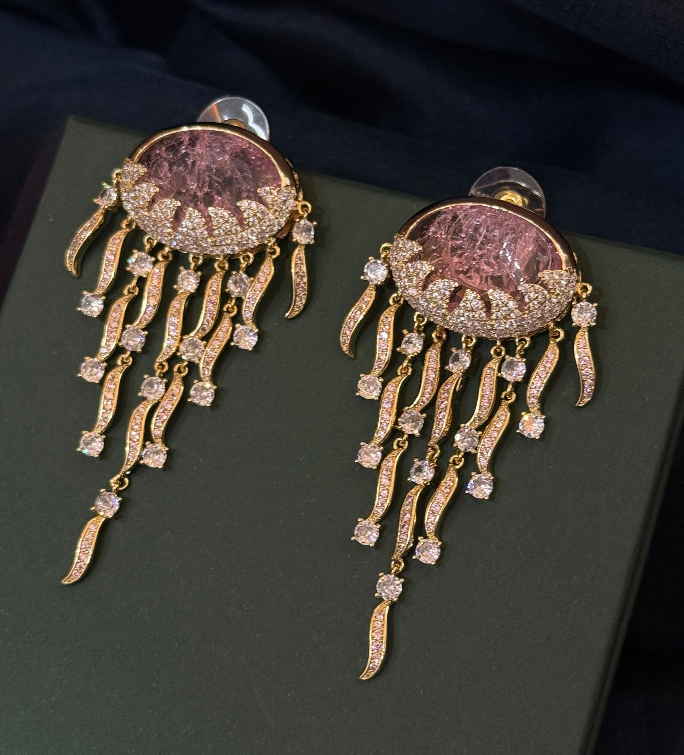 Pink Crystal Drop American Diamond Statement Earrings – Gold Finish