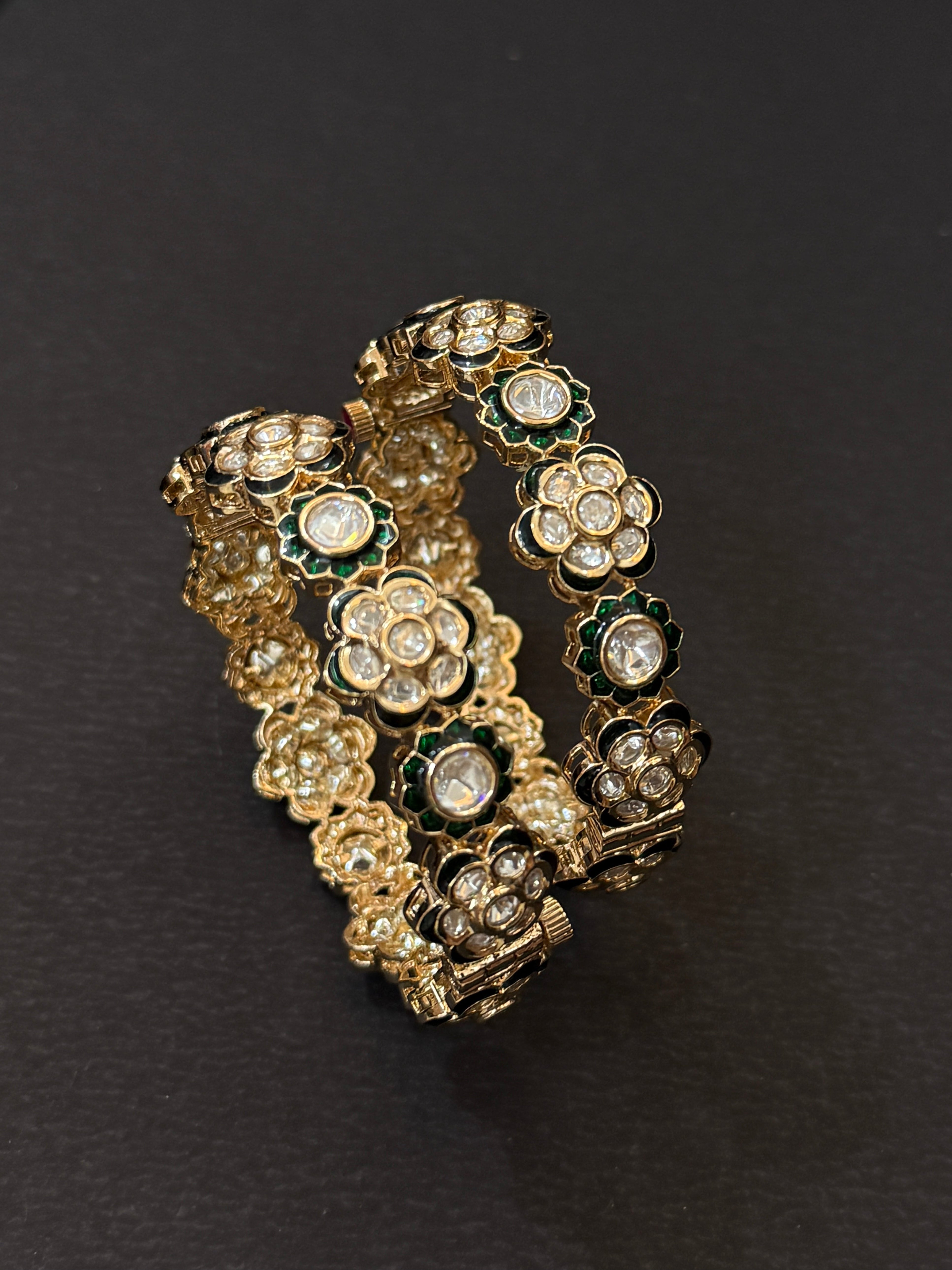 Floral Kundan Green Enamel Bangles