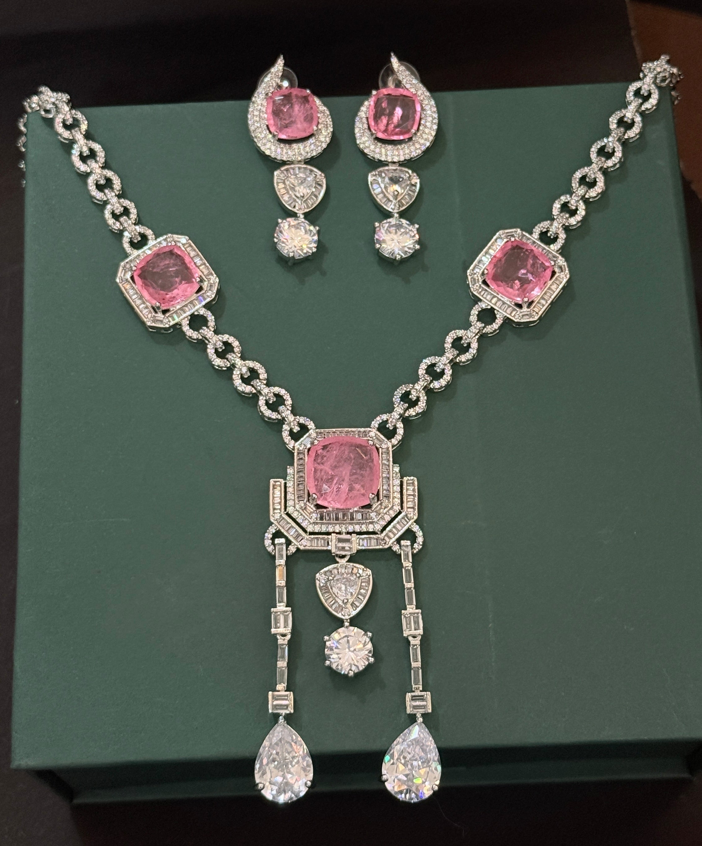 Elegant Pink Crystal Diamond Finish Necklace Set