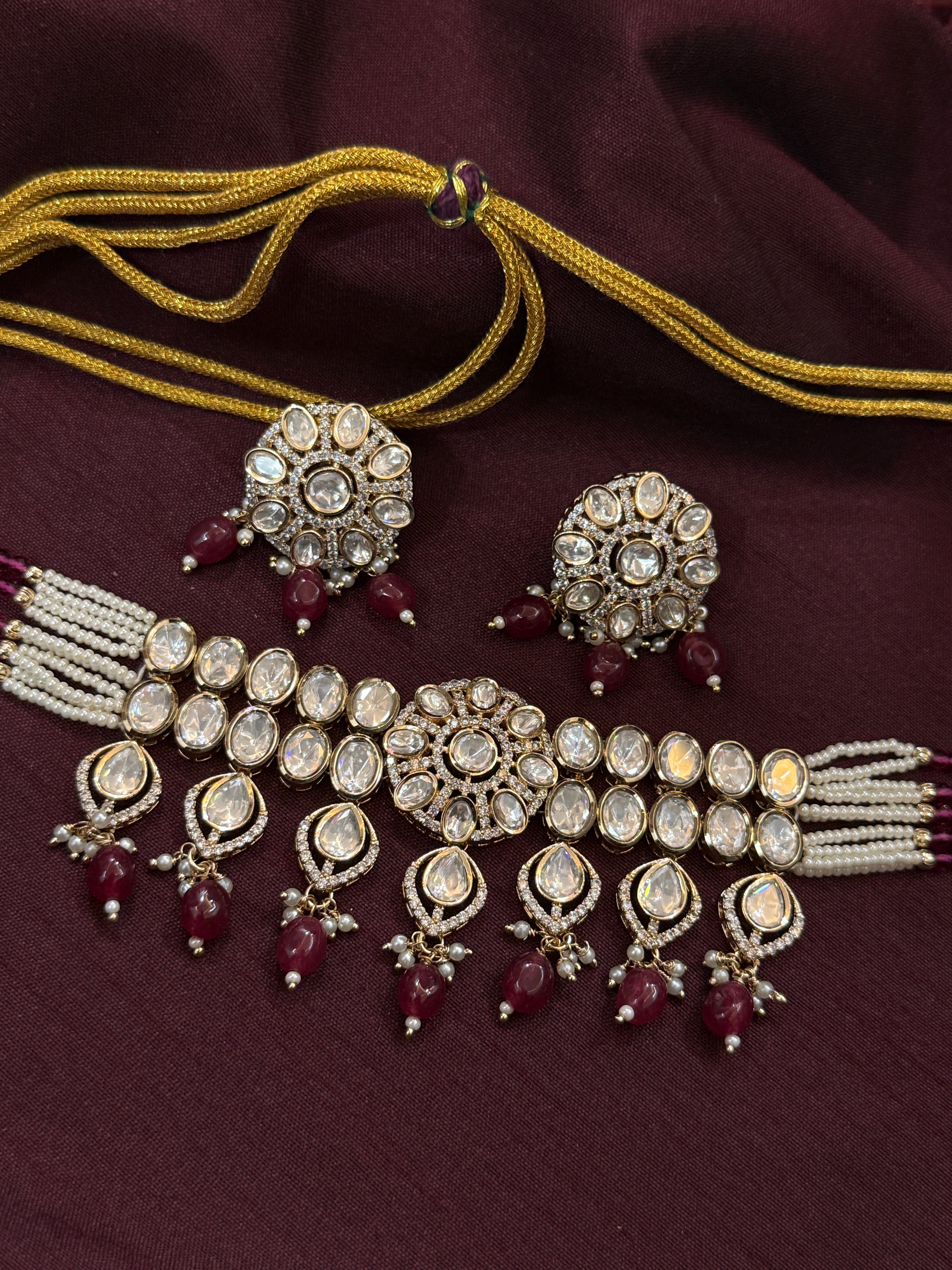 Real Polki Kundan Ruby Red Beads Choker Set with Earring