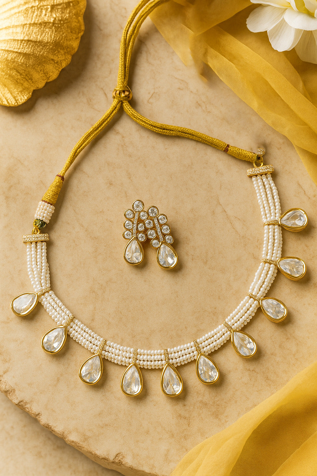 Pearl Droplets Real Polki Necklace Set