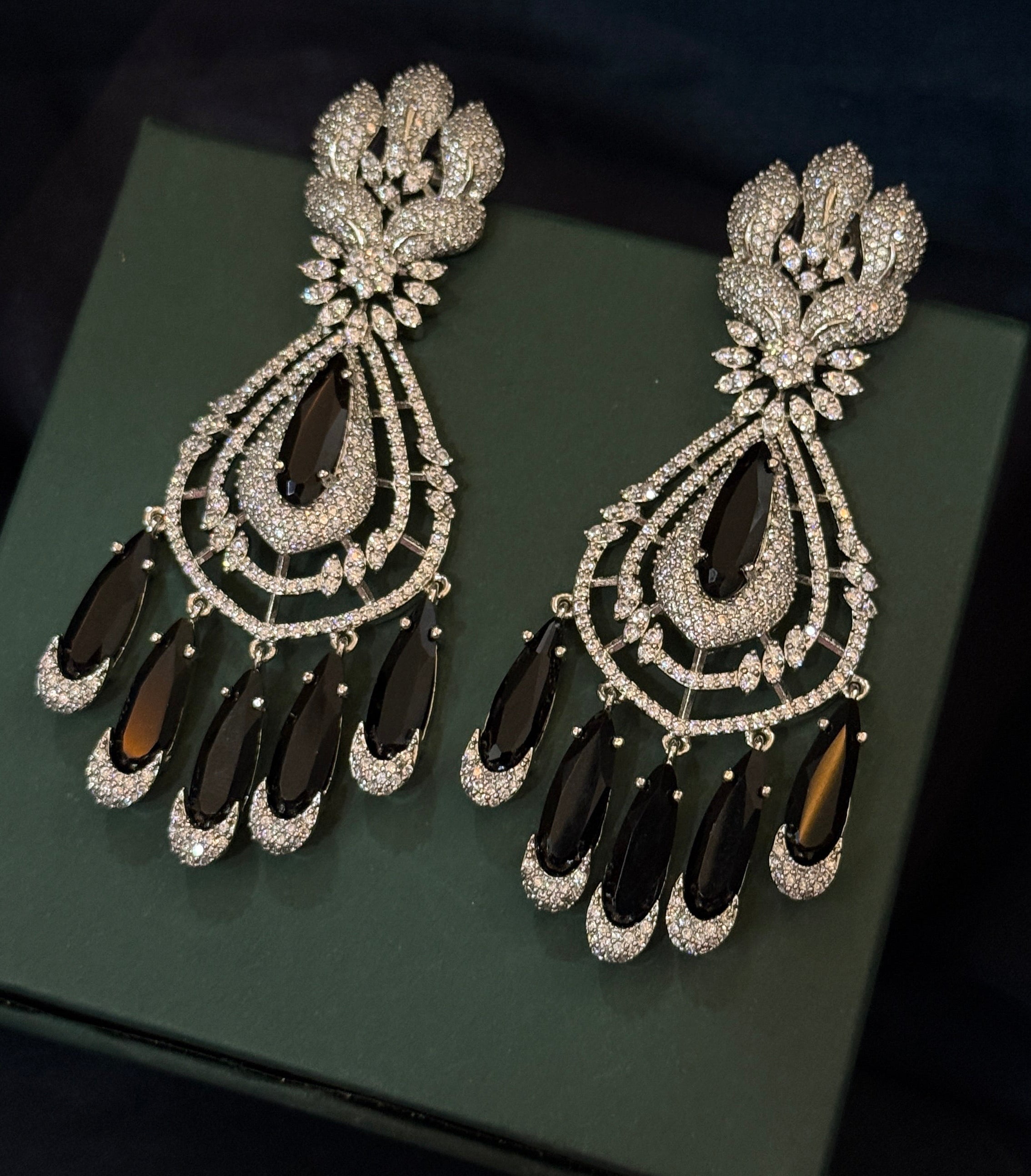 Midnight Bloom American Diamond Drop Earrings