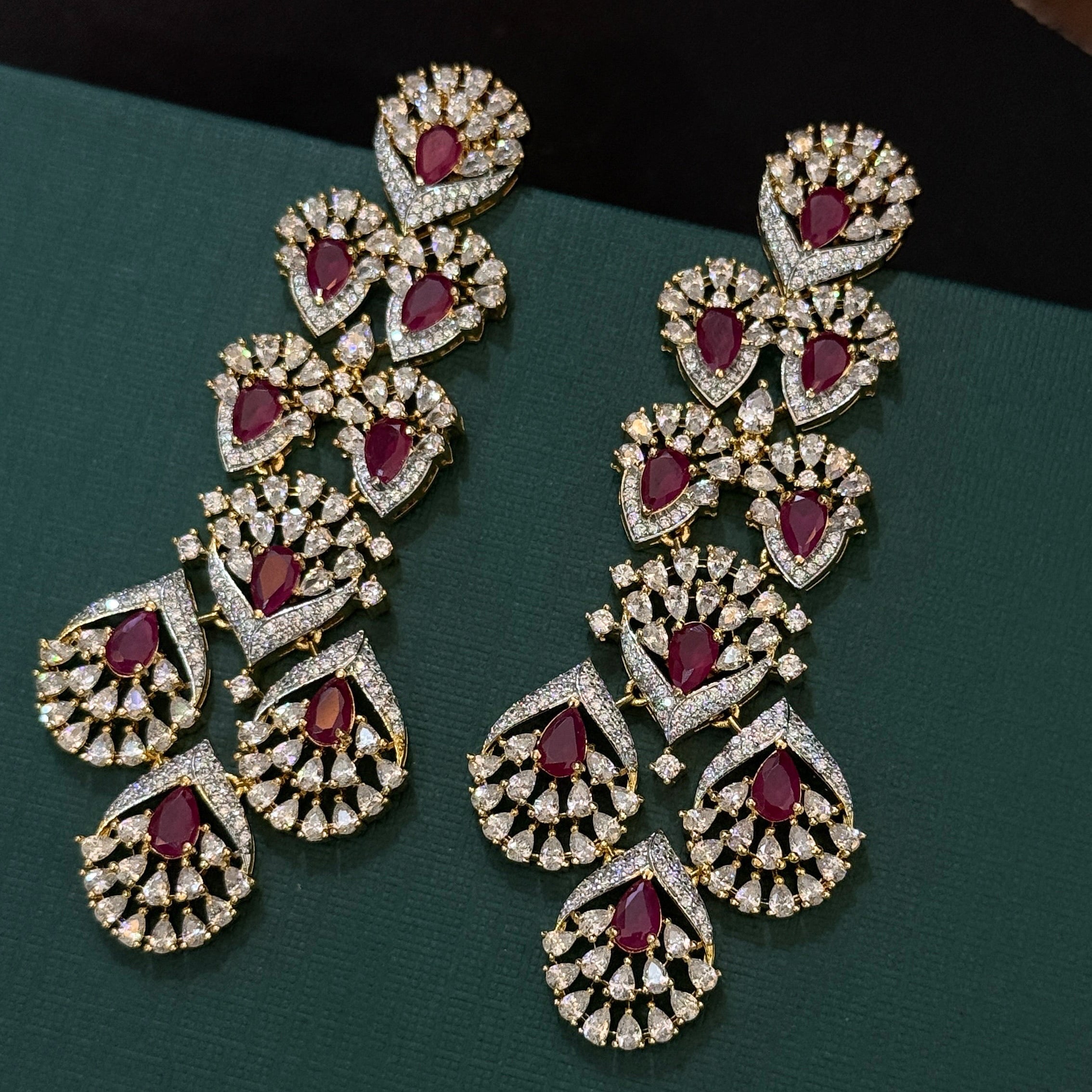 Luxury Ruby Red Teardrop American Diamond Long Earrings