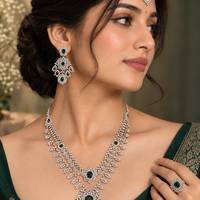 Emerald Green & Silver-Tone Bridal Jewellery Set – Statement Necklace