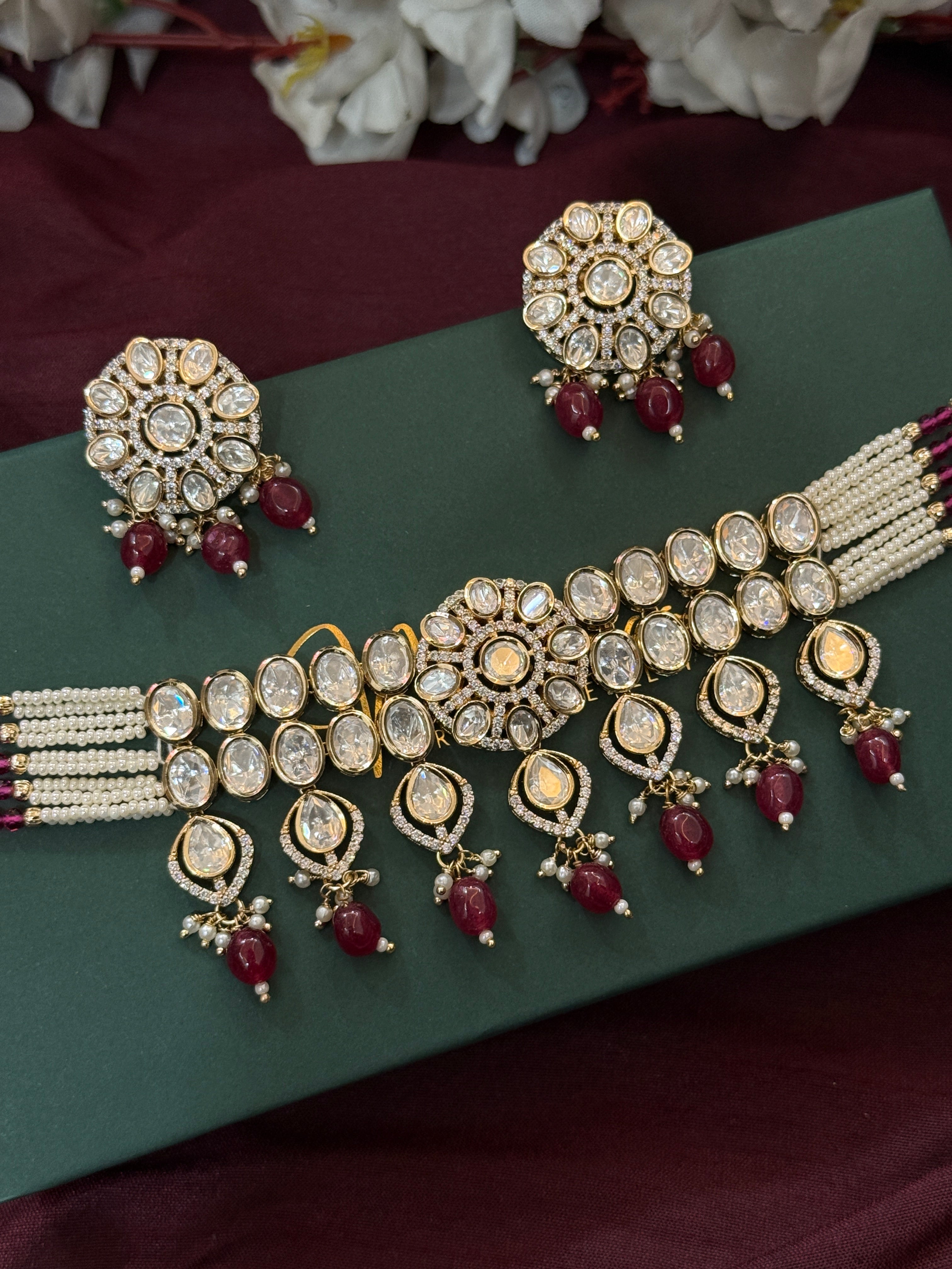 Real Polki Kundan Ruby Red Beads Choker Set with Earring