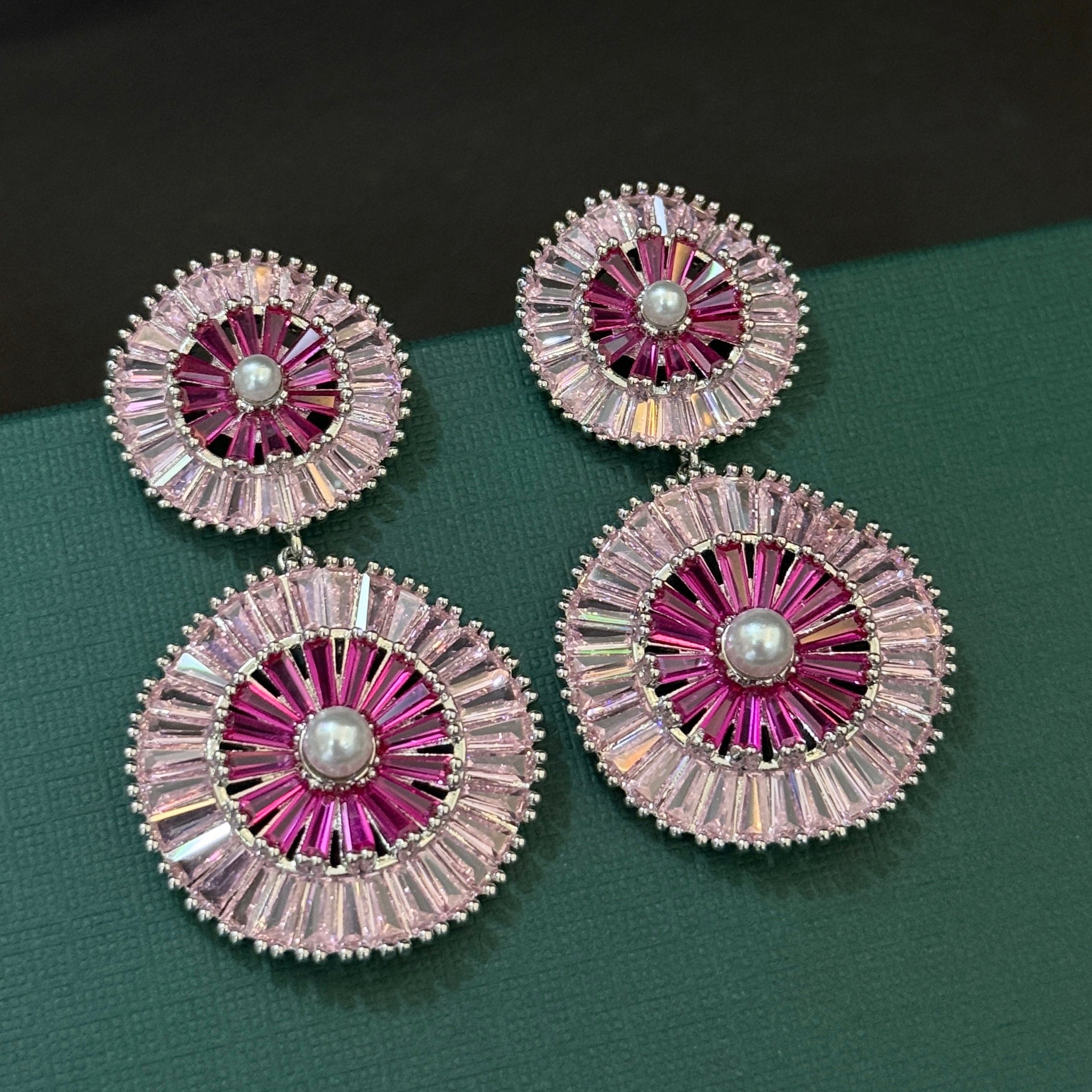 Pink Crystal Sunburst Pearl Stud & Drop Earrings