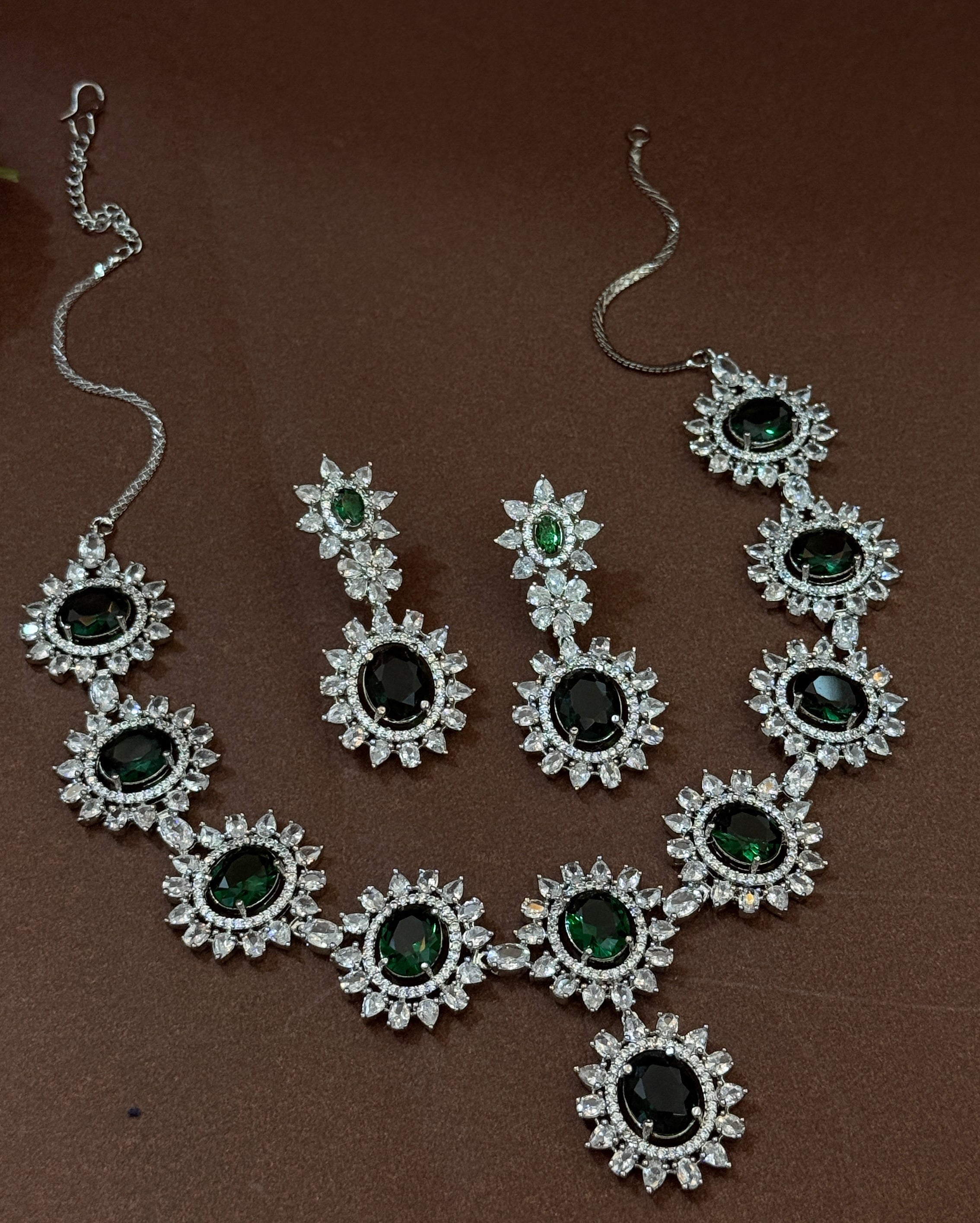Royal Emerald Green American Diamond Necklace Set